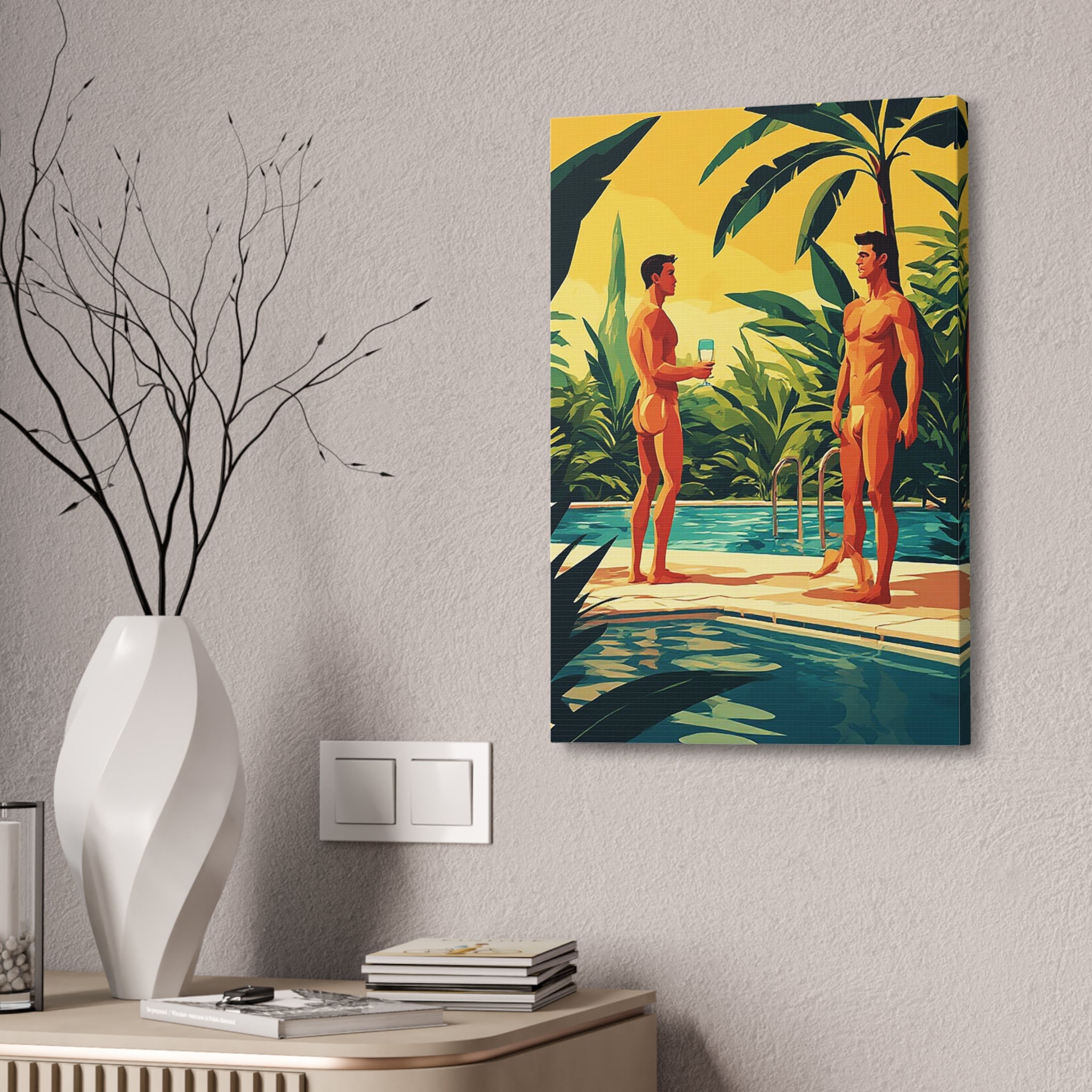 Poolside Fathers & Sons Canvas Print — Retro Summer Art