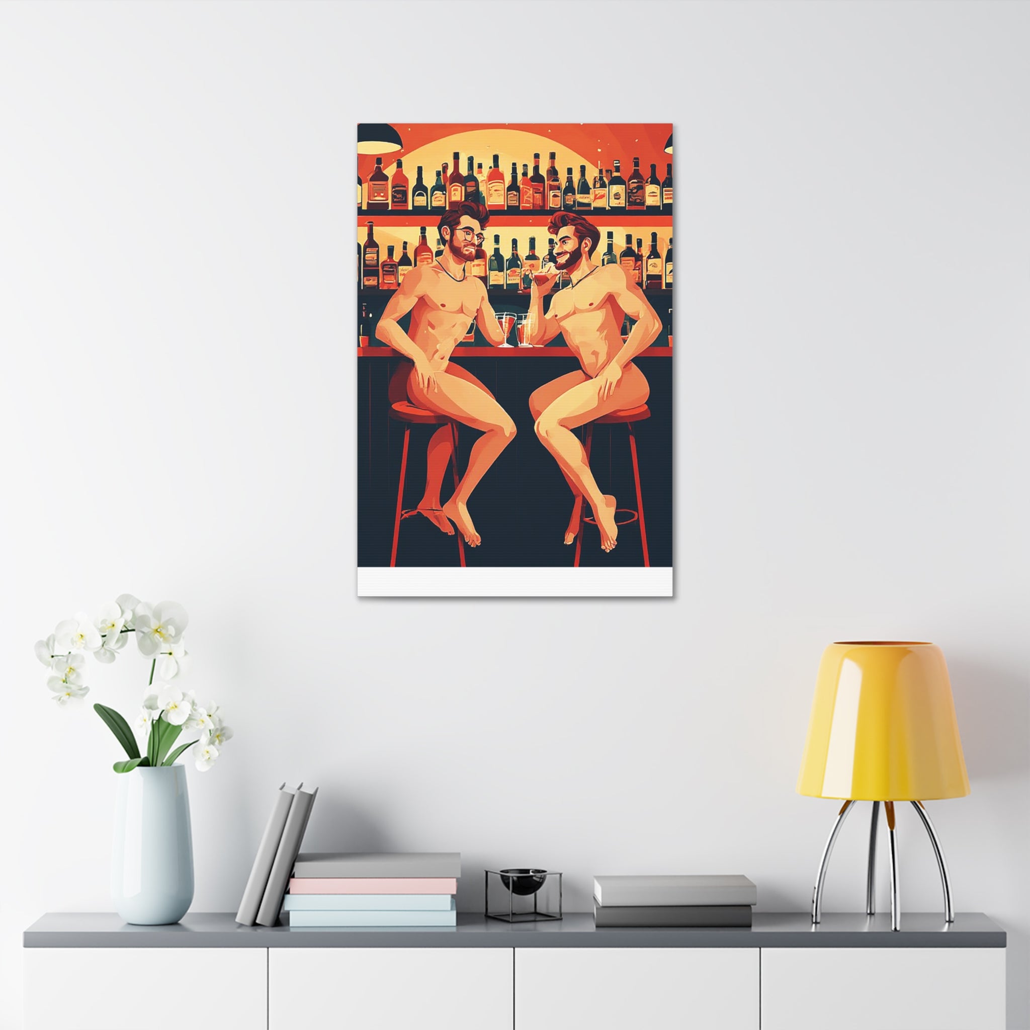 Nude Bar Buddies Canvas Print — Playful Gay Art Stretched Wall Decor