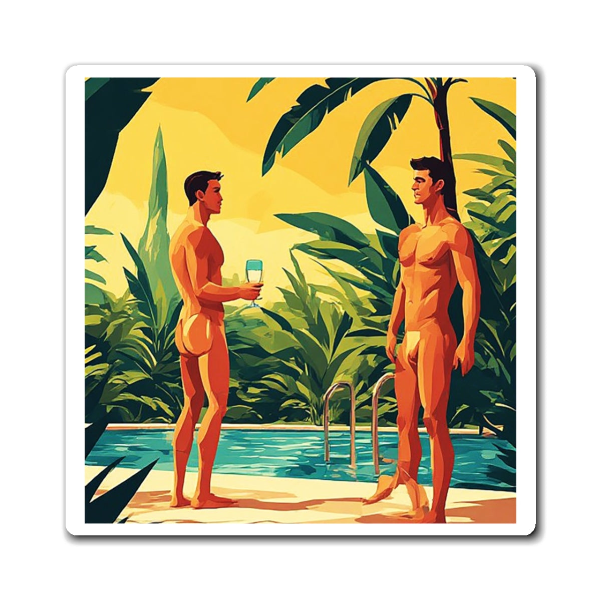 Tropical Poolside Magnet — Retro Male Figure Art Refrigerator Sticker