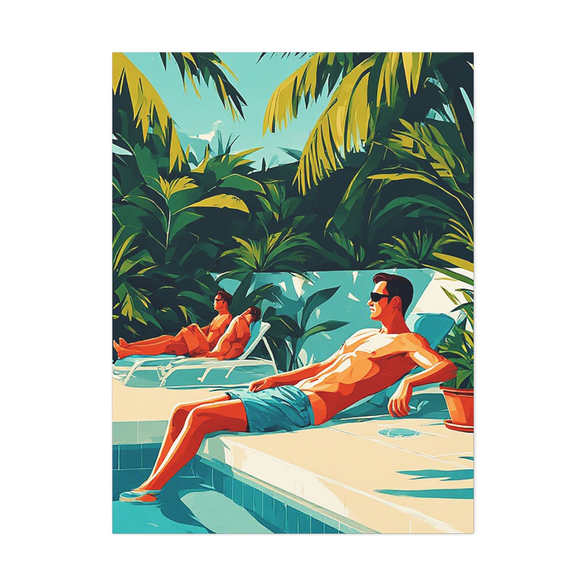 Tropical Poolside Canvas Art – Retro Sunbathers Wall Decor