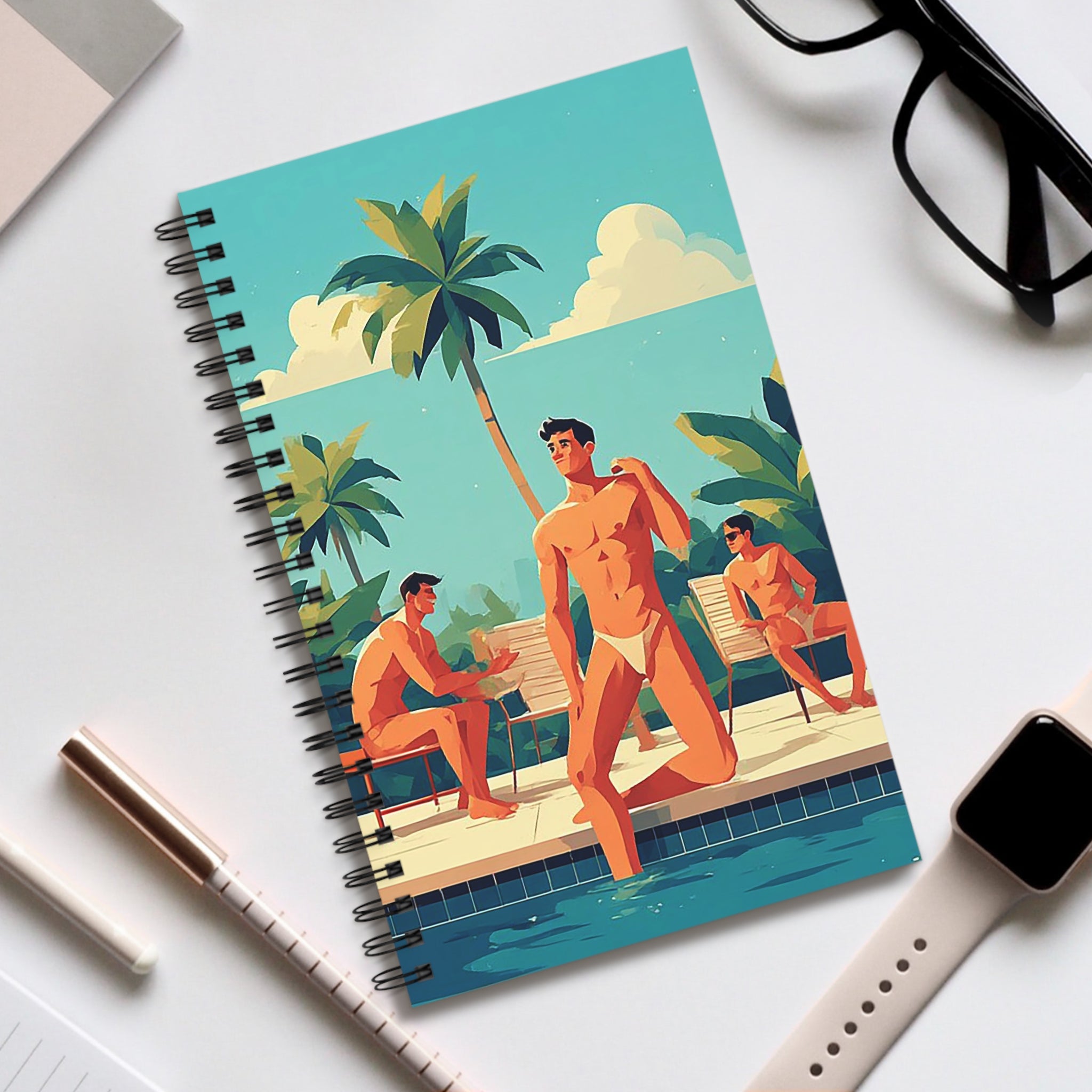 Spiral Journal — Vintage Poolside Men Illustration Notebook