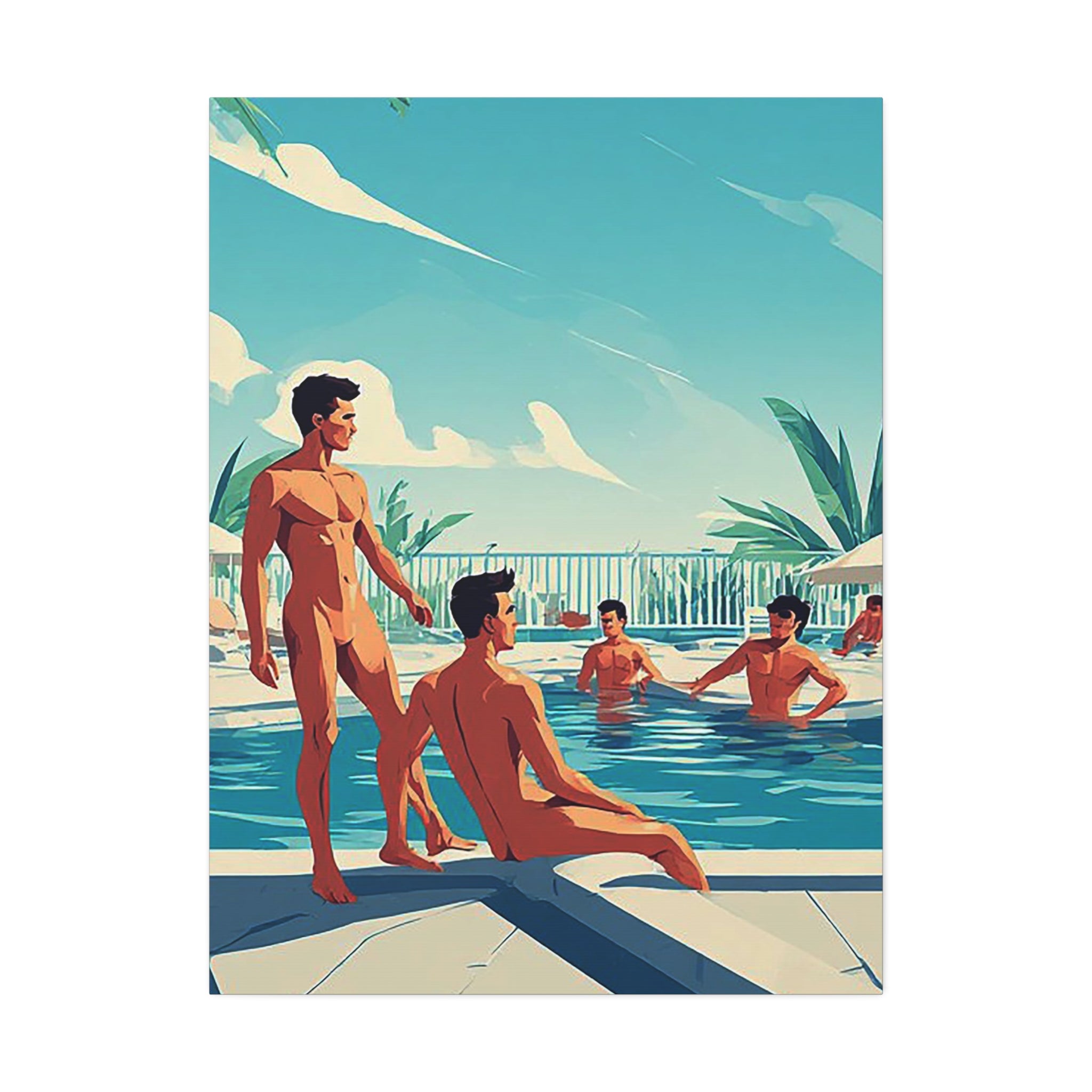 Poolside Vintage Art Canvas Print — Retro Men at Pool Wall Decor