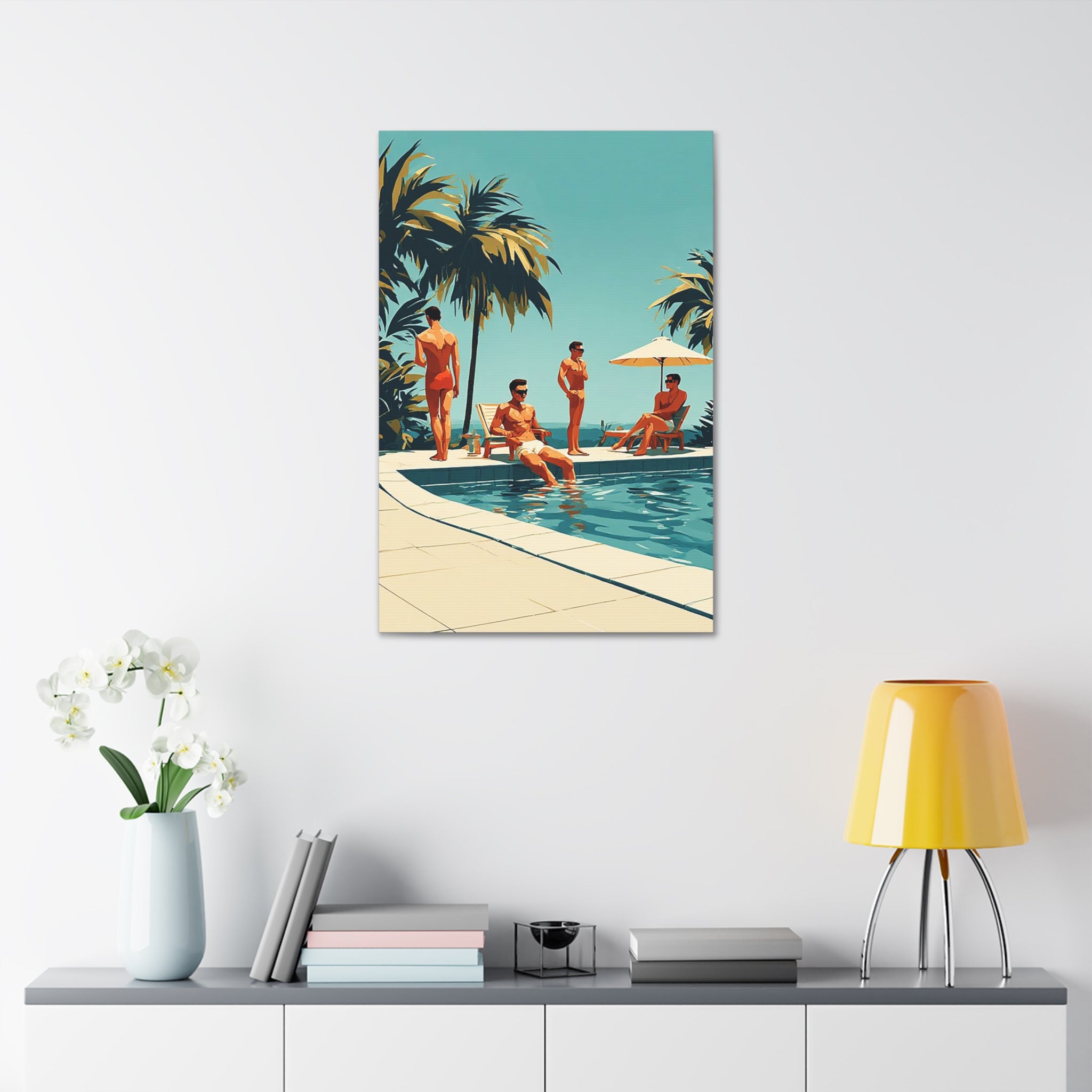 Vintage Poolside Canvas Wall Art — Retro Palm Trees & Sunbathers