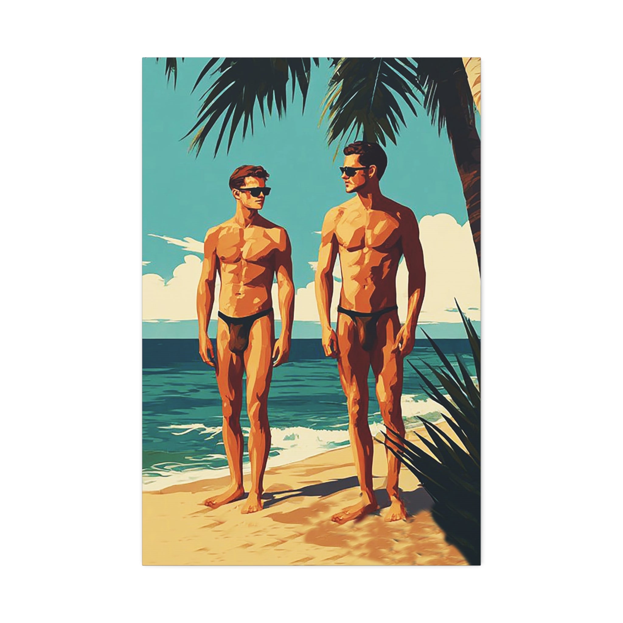 Vintage Beach Print Canvas — Two Men at Sea Stretched Wall Art