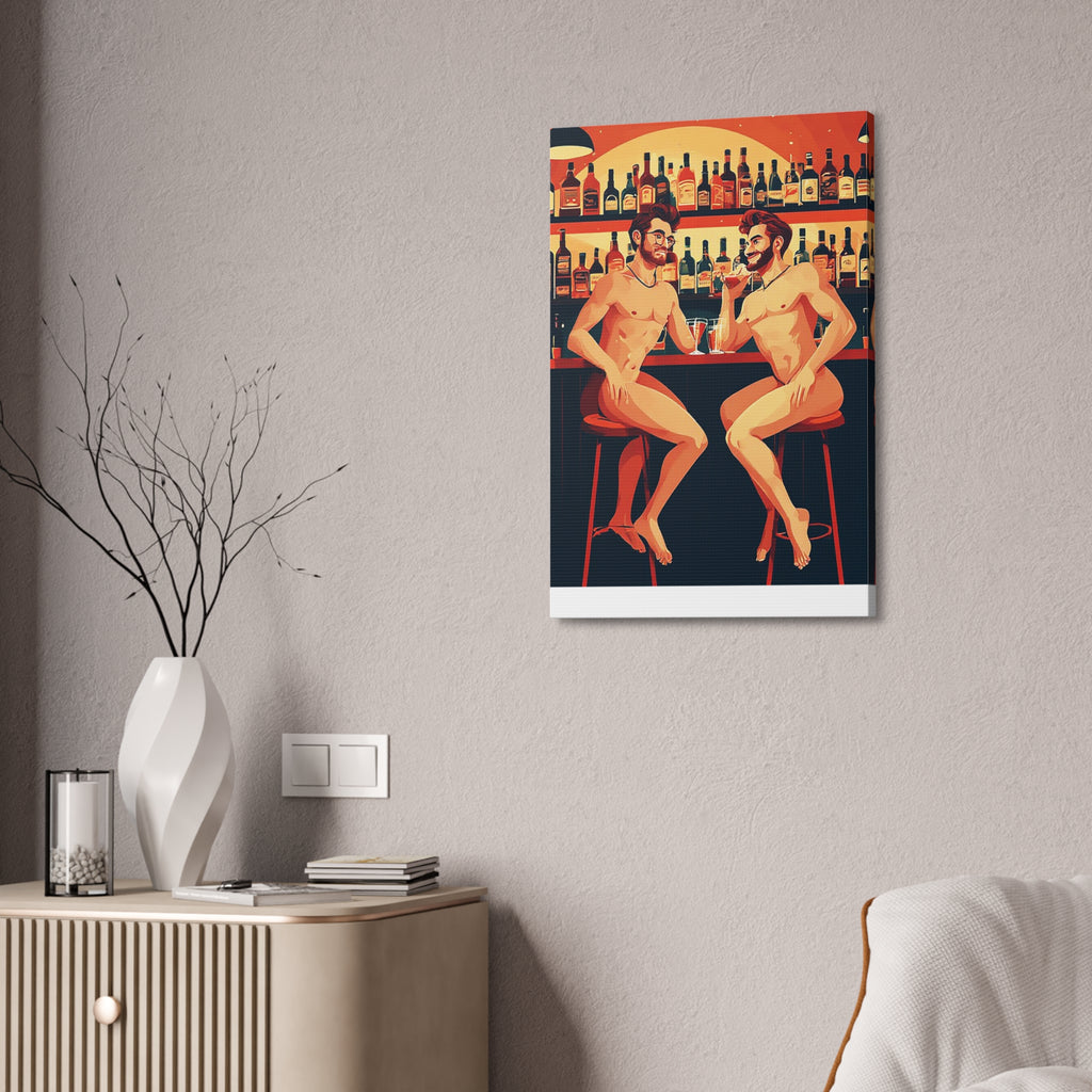 Nude Bar Buddies Canvas Print — Playful Gay Art Stretched Wall Decor