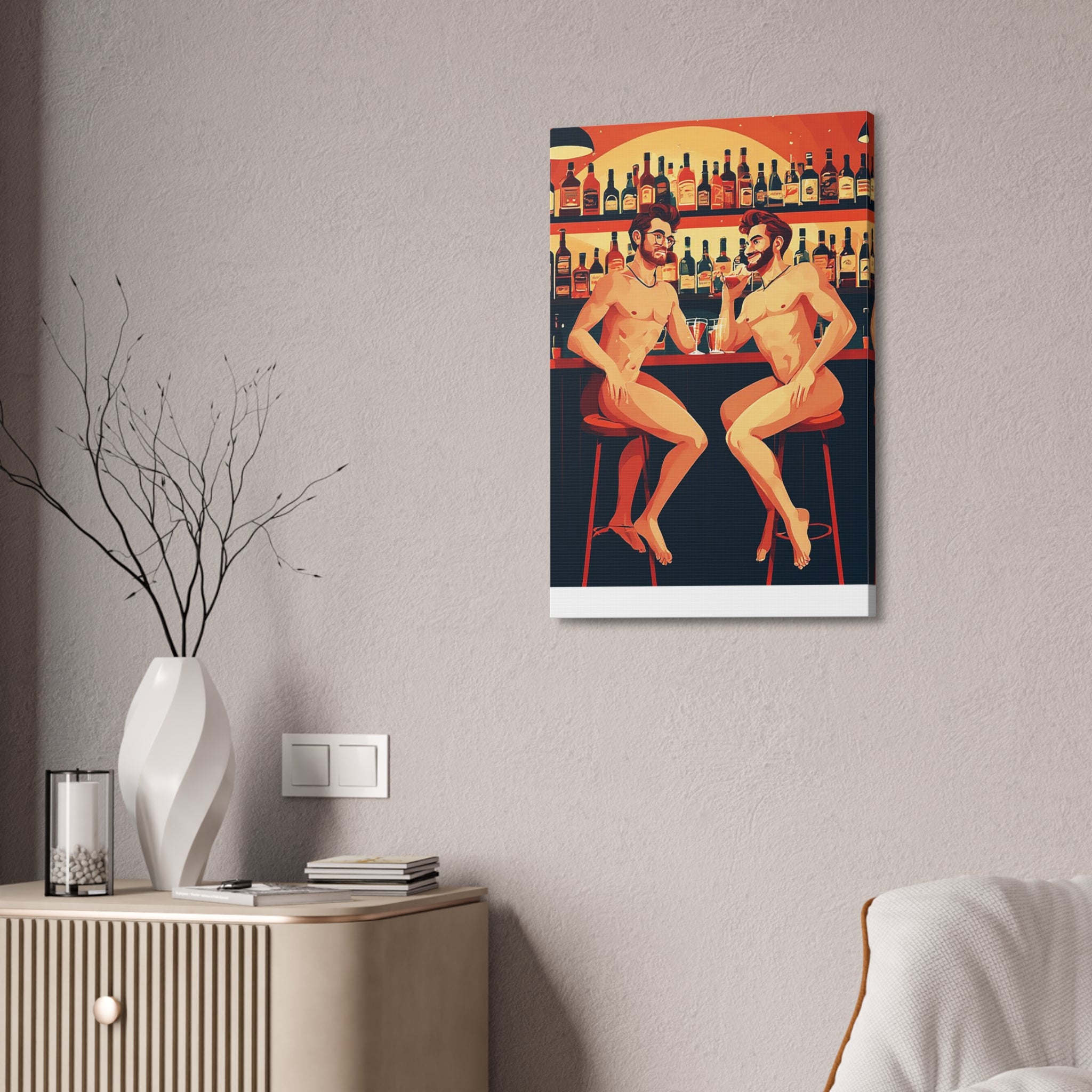 Nude Bar Buddies Canvas Print — Playful Gay Art Stretched Wall Decor