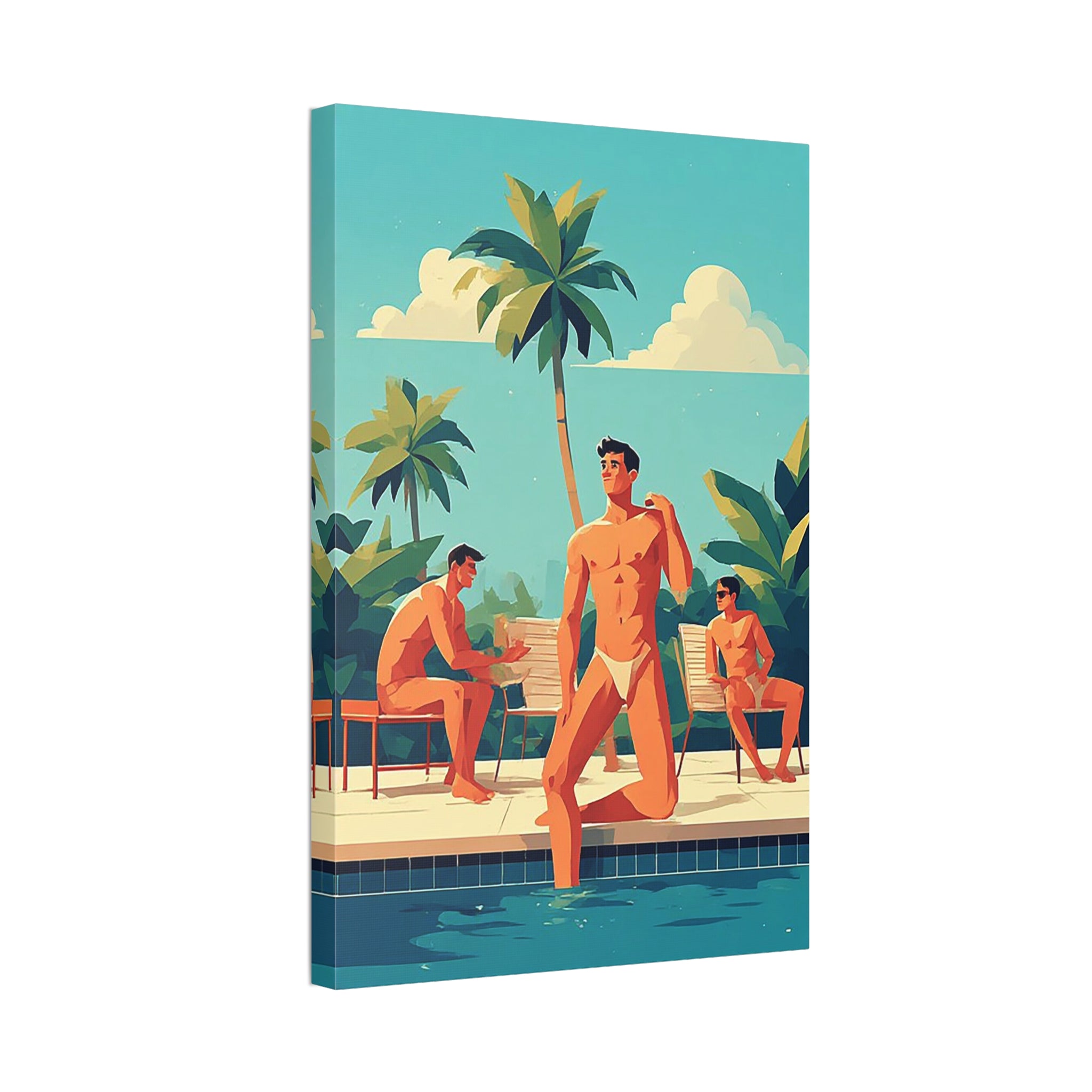 Tropical Poolside Canvas Print — Retro Men at Pool Art
