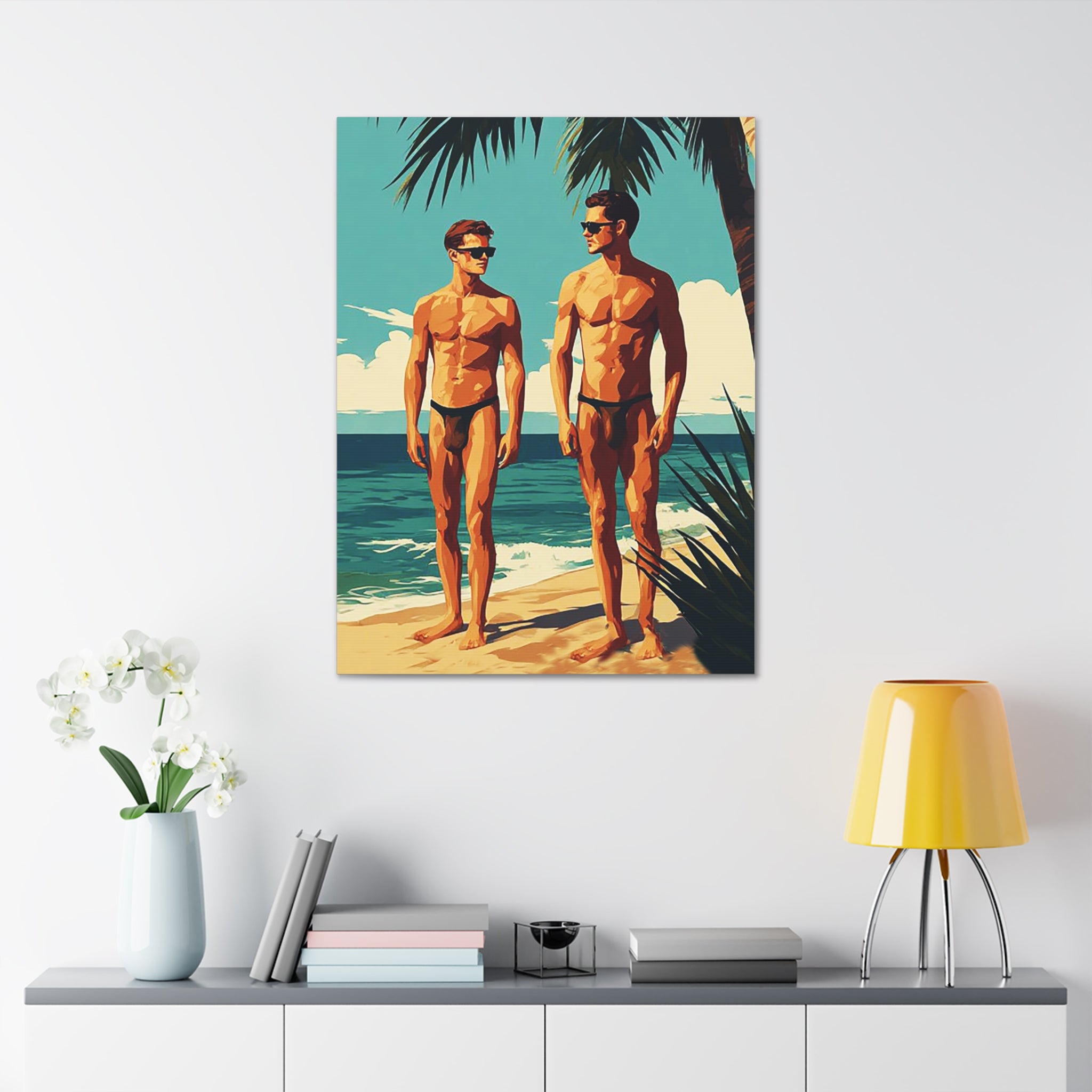 Vintage Beach Print Canvas — Two Men at Sea Stretched Wall Art
