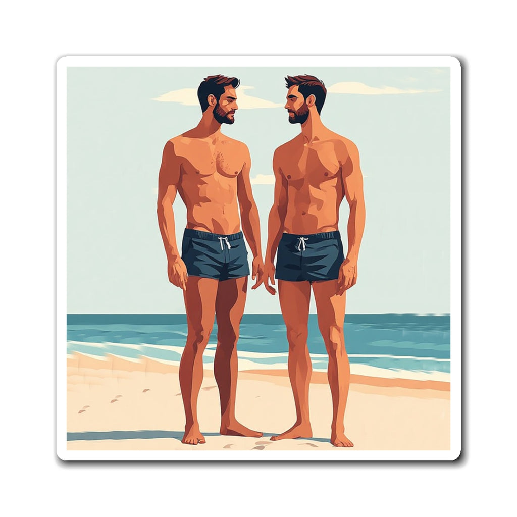 Beach Couple Magnet — Gay Pride LGBTQ+ Fridge Magnet (Two Men in Swim Shorts)