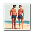 Beach Couple Magnet — Gay Pride LGBTQ+ Fridge Magnet (Two Men in Swim Shorts)