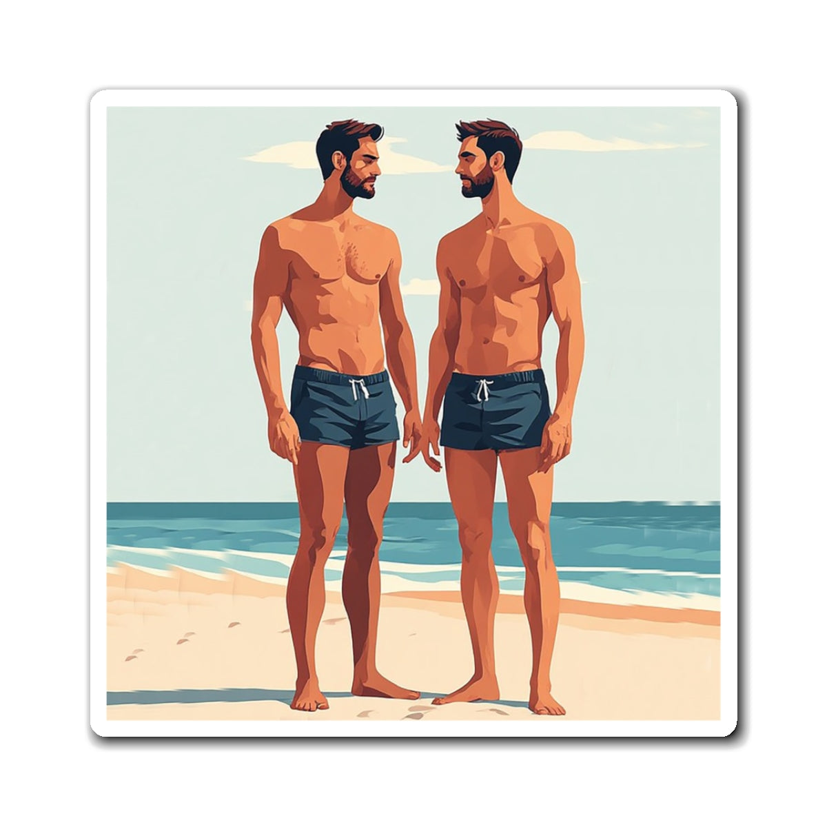 Beach Couple Magnet — Gay Pride LGBTQ+ Fridge Magnet (Two Men in Swim Shorts)