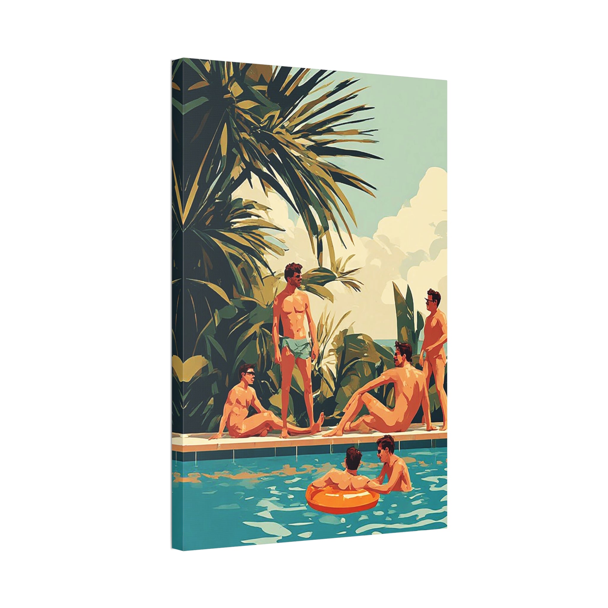 Retro Poolside Canvas Wall Art — Vintage Summer Men by the Pool Stretched Canvas