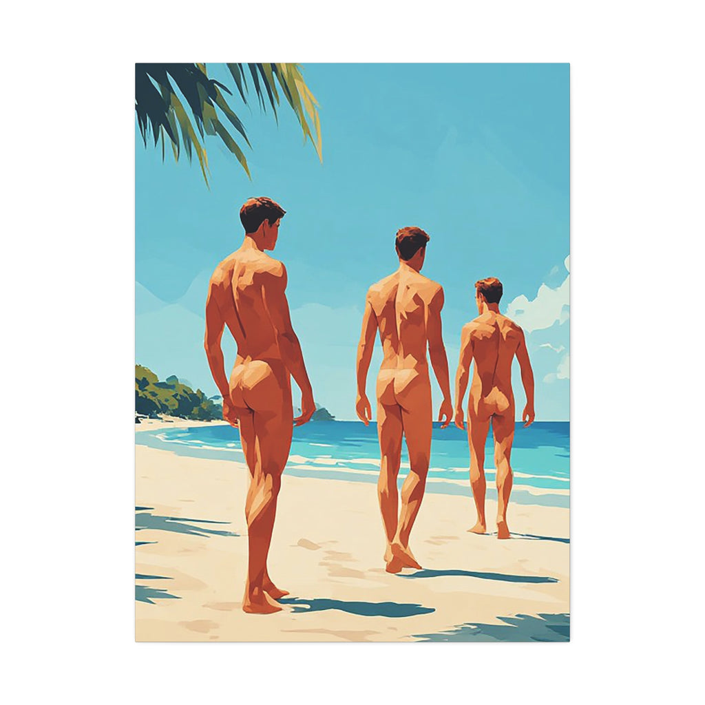 Beach Walk Canvas Print — Retro Sunlit Male Figures Stretched Canvas