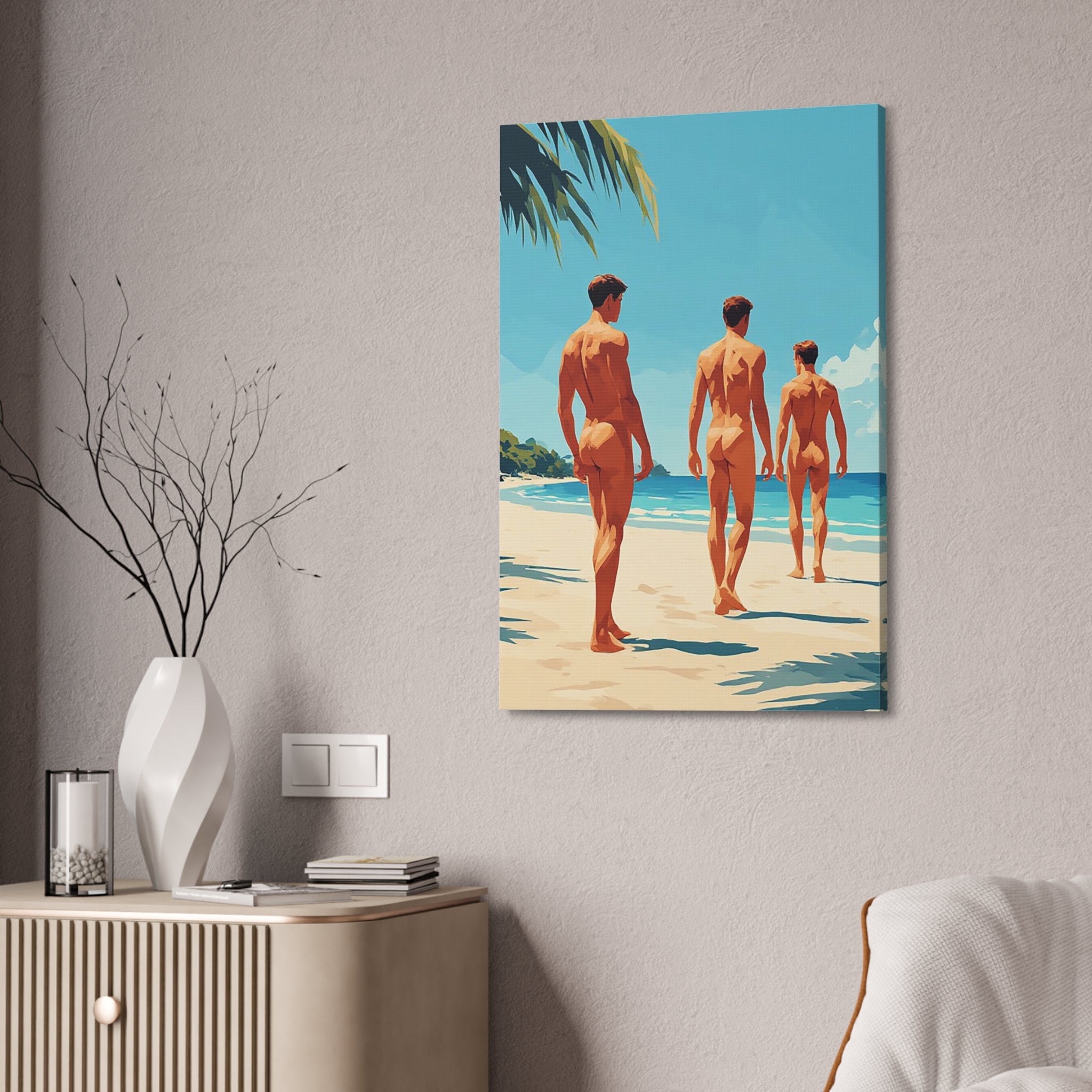 Beach Walk Canvas Print — Retro Sunlit Male Figures Stretched Canvas