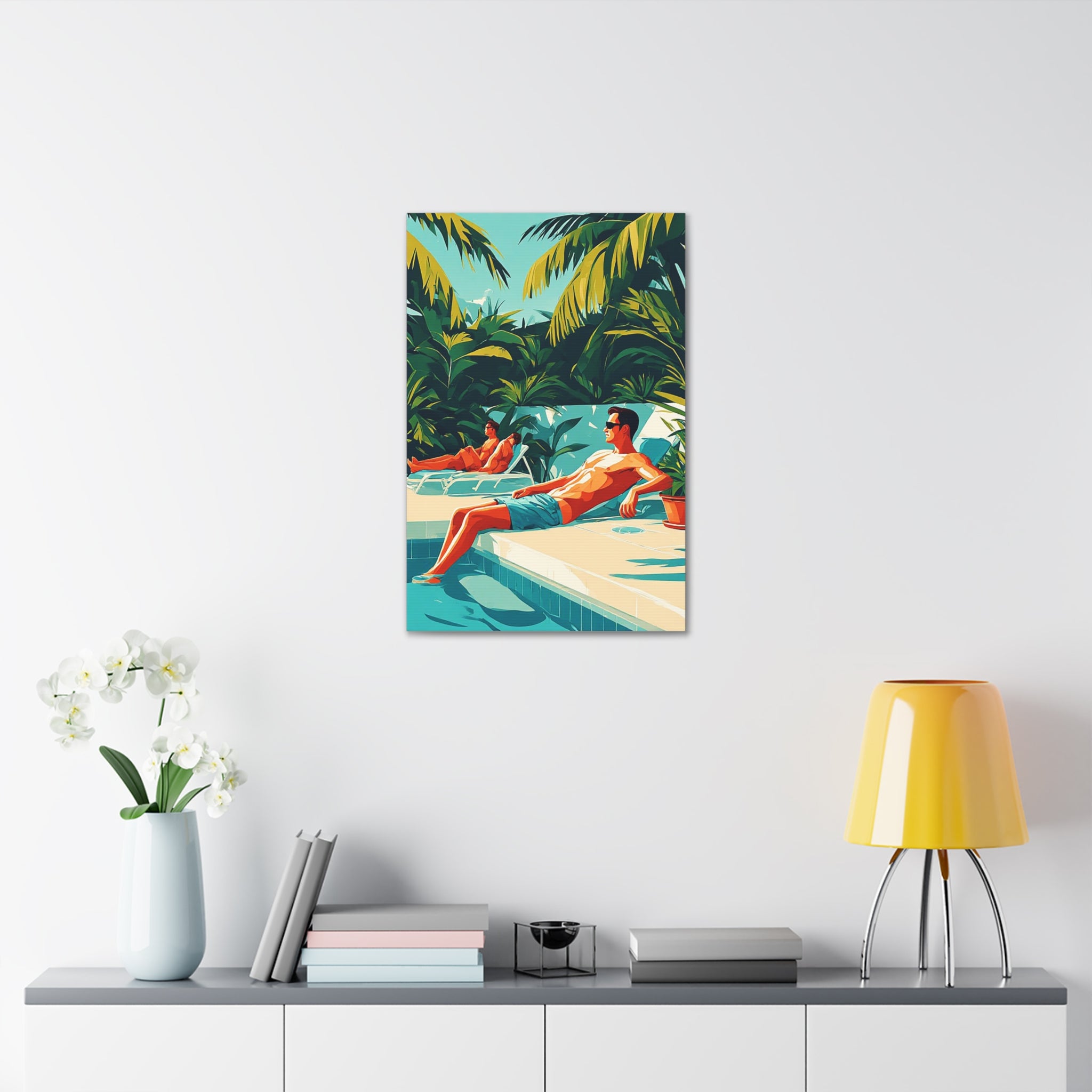 Tropical Poolside Canvas Art – Retro Sunbathers Wall Decor