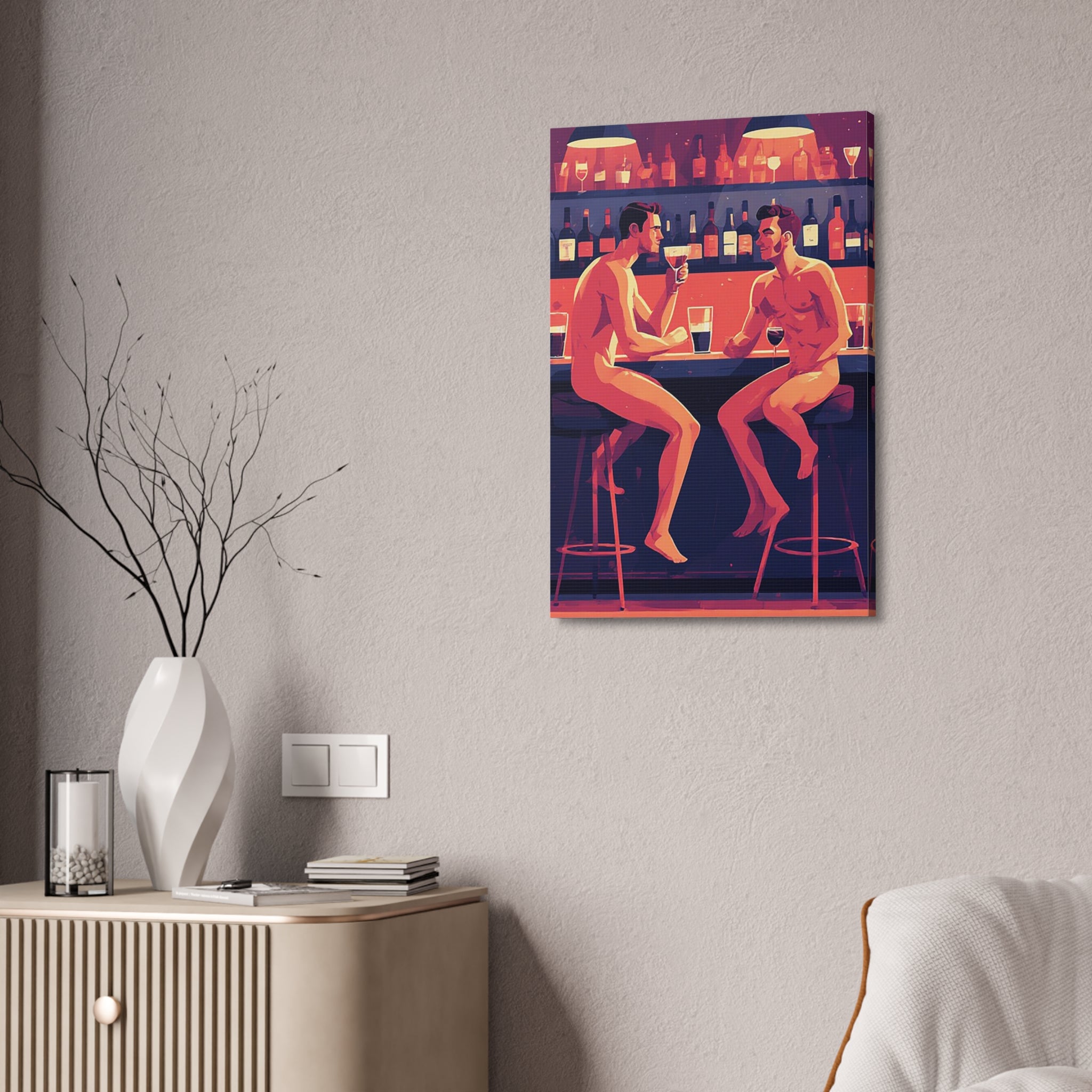 Canvas Print — Nude Men at Bar Illustration, Romantic Gay Art Decor