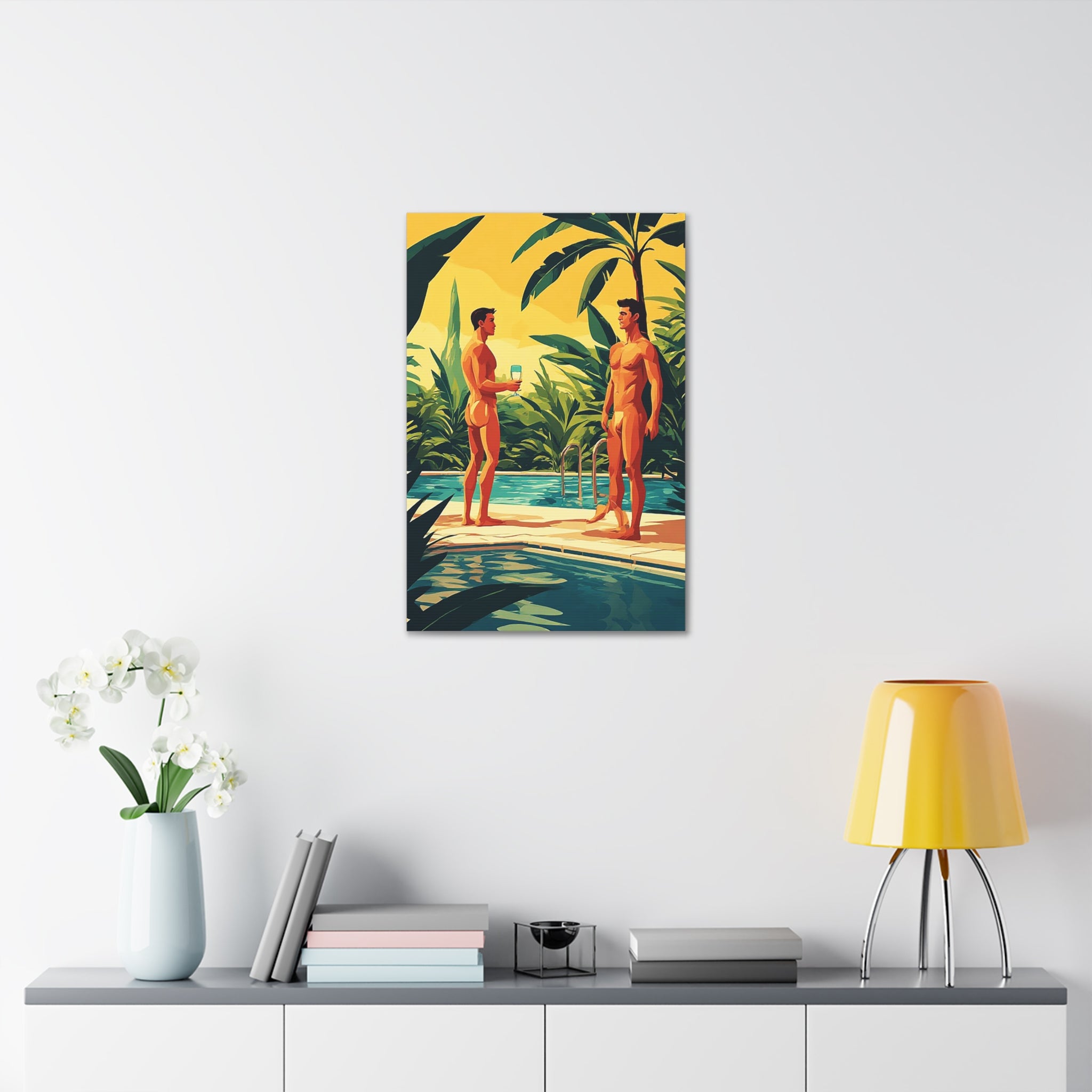 Poolside Fathers & Sons Canvas Print — Retro Summer Art