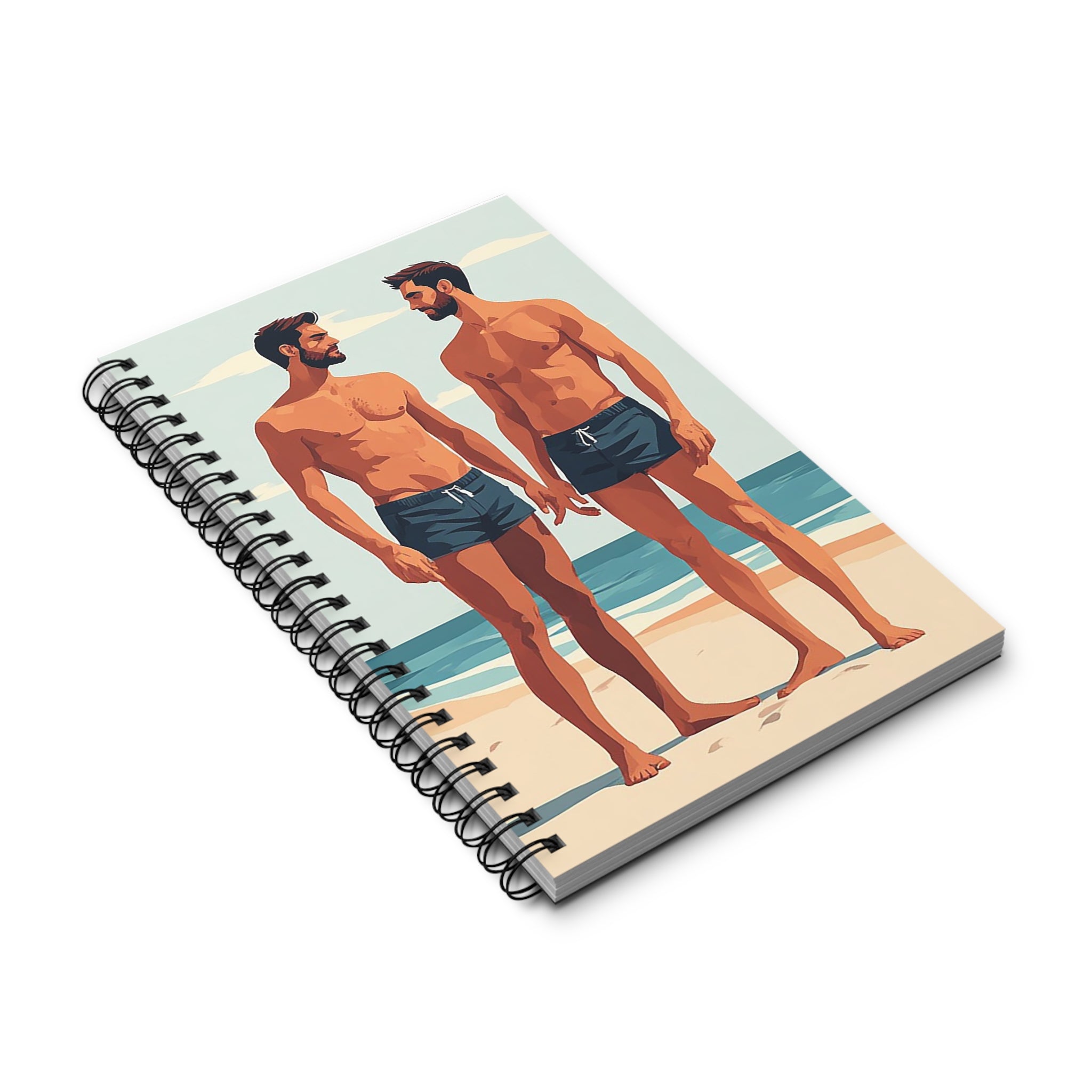 Spiral Journal — Twin Beach Men Illustration | Retro Summer Notebook for Gay Pride & Travel Notes