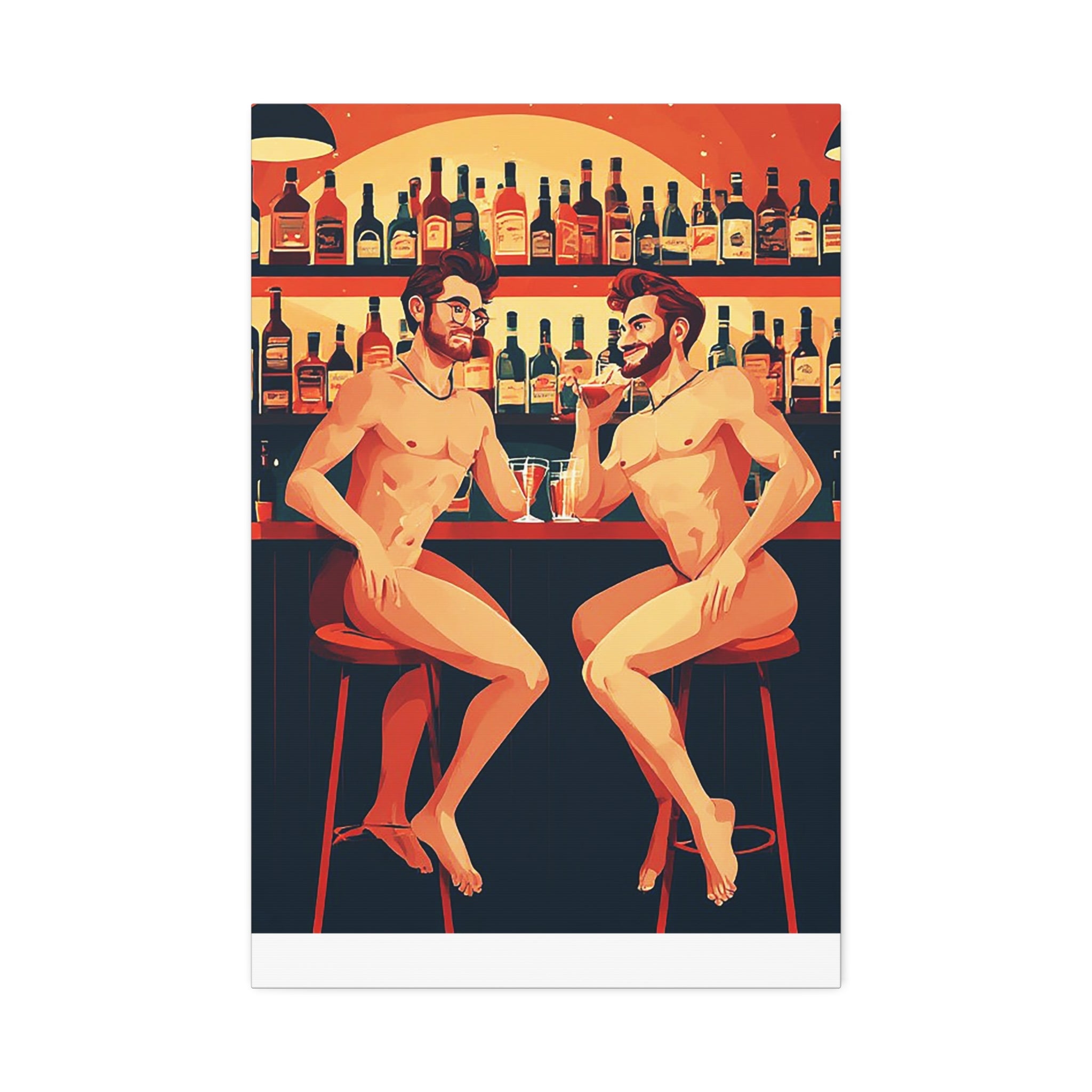 Nude Bar Buddies Canvas Print — Playful Gay Art Stretched Wall Decor
