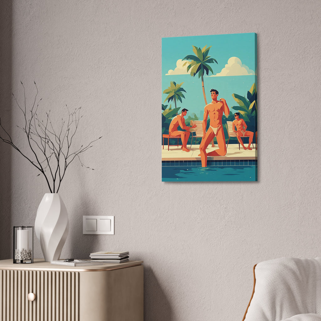 Tropical Poolside Canvas Print — Retro Men at Pool Art