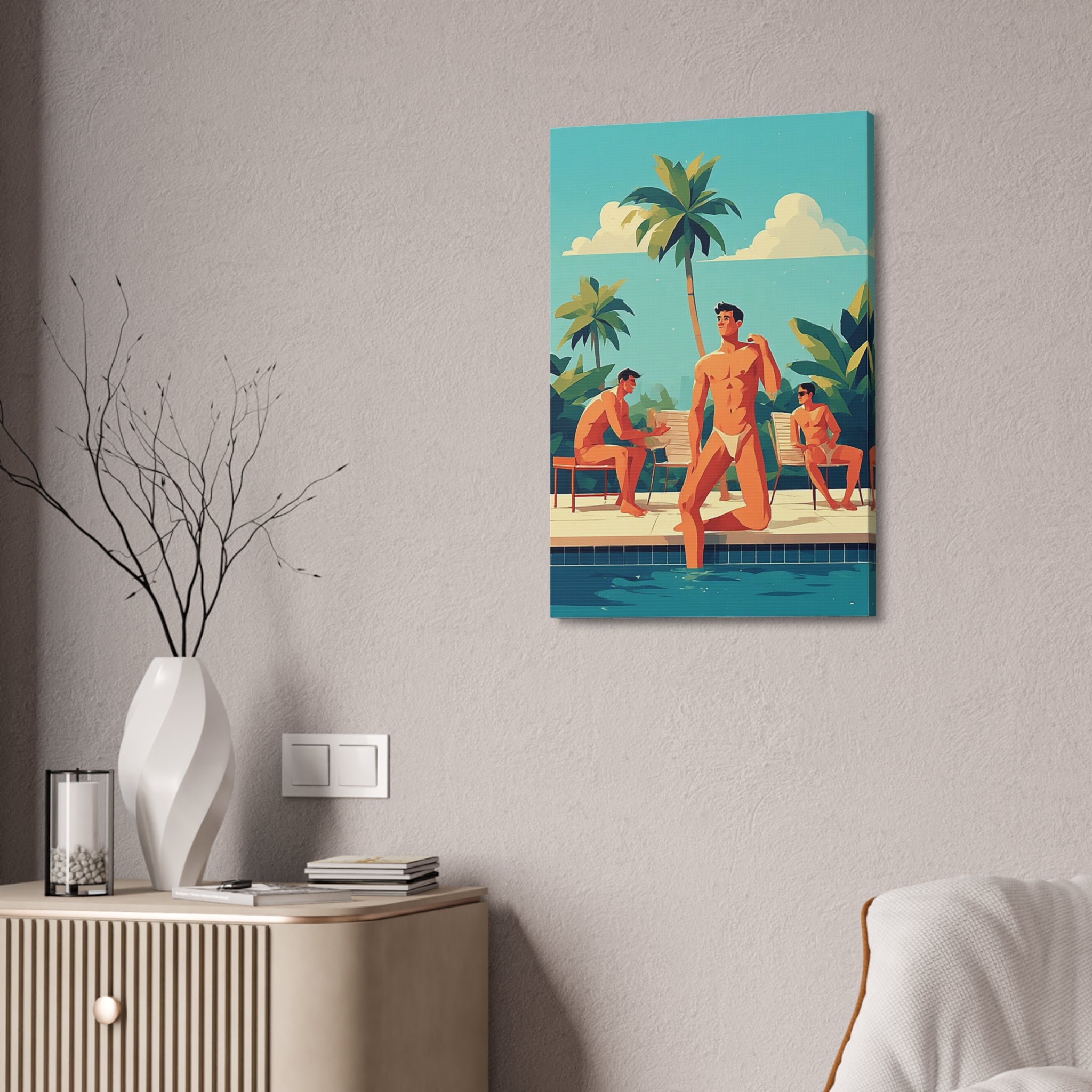 Tropical Poolside Canvas Print — Retro Men at Pool Art