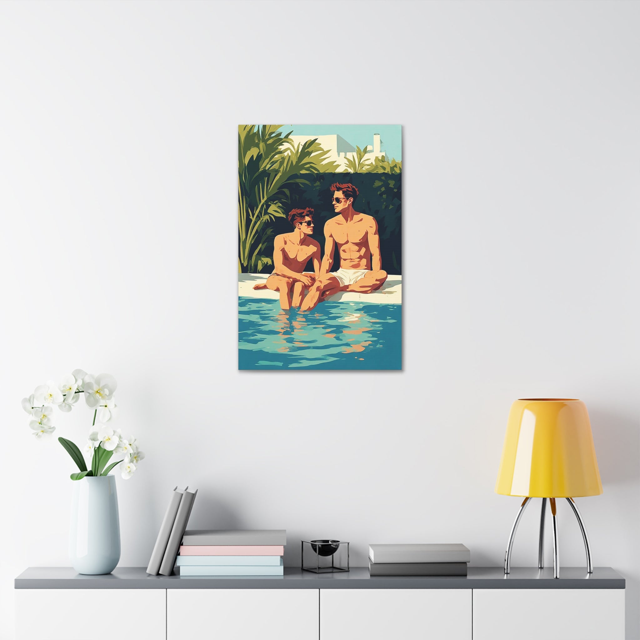 Poolside Fathers & Sons Canvas Print — Retro Summer Art