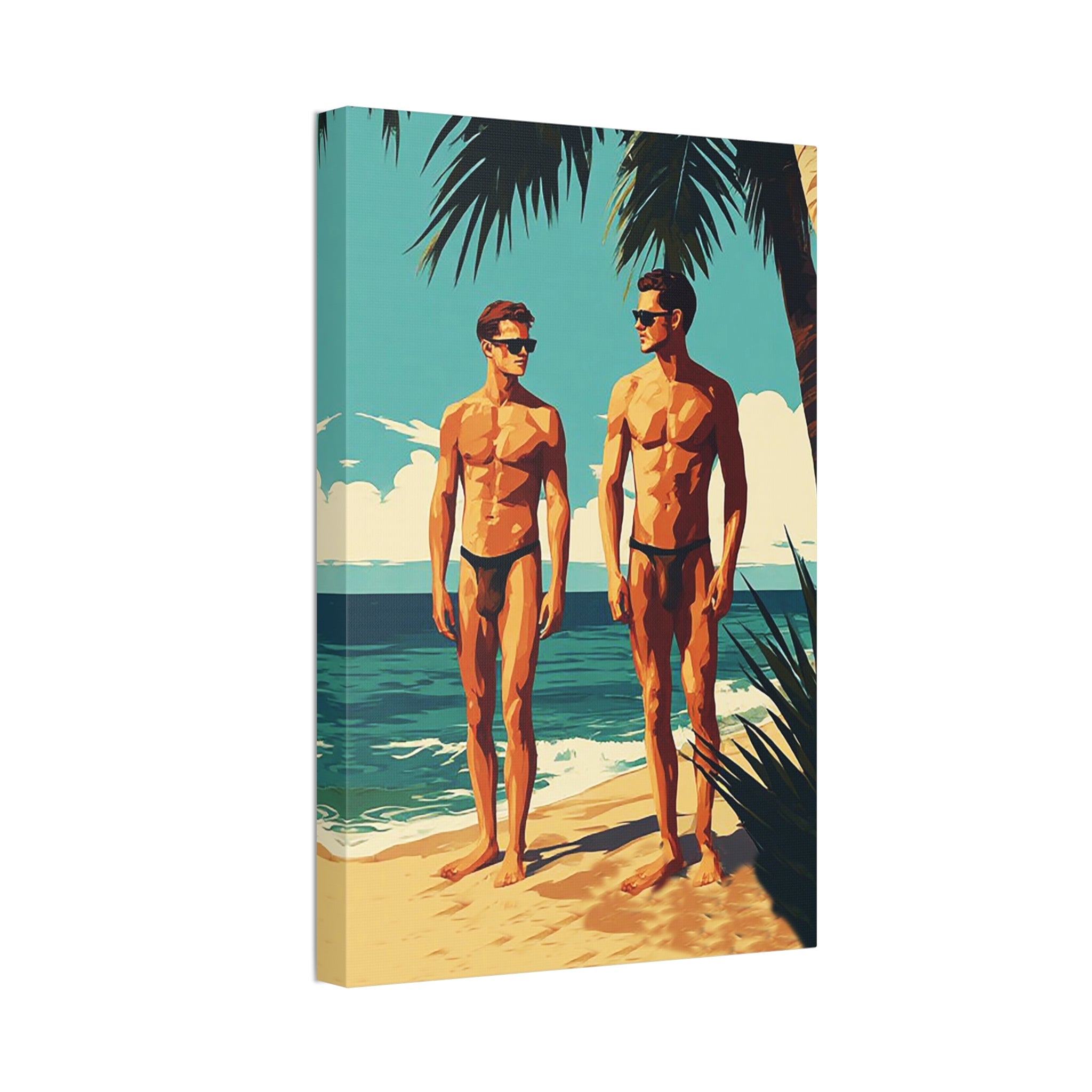 Vintage Beach Print Canvas — Two Men at Sea Stretched Wall Art