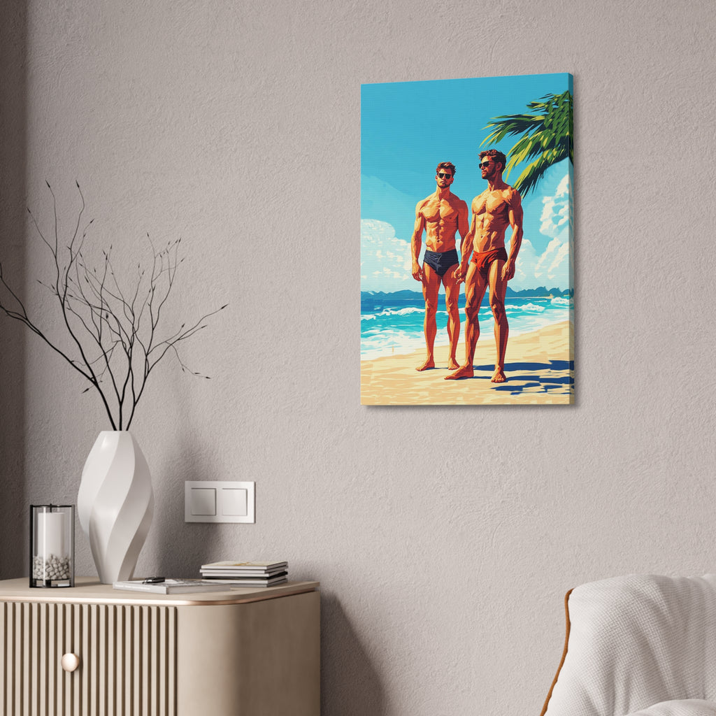 Beach Muscle Poster Canvas — Two Men Summer Swim Art (Stretched 1.5")