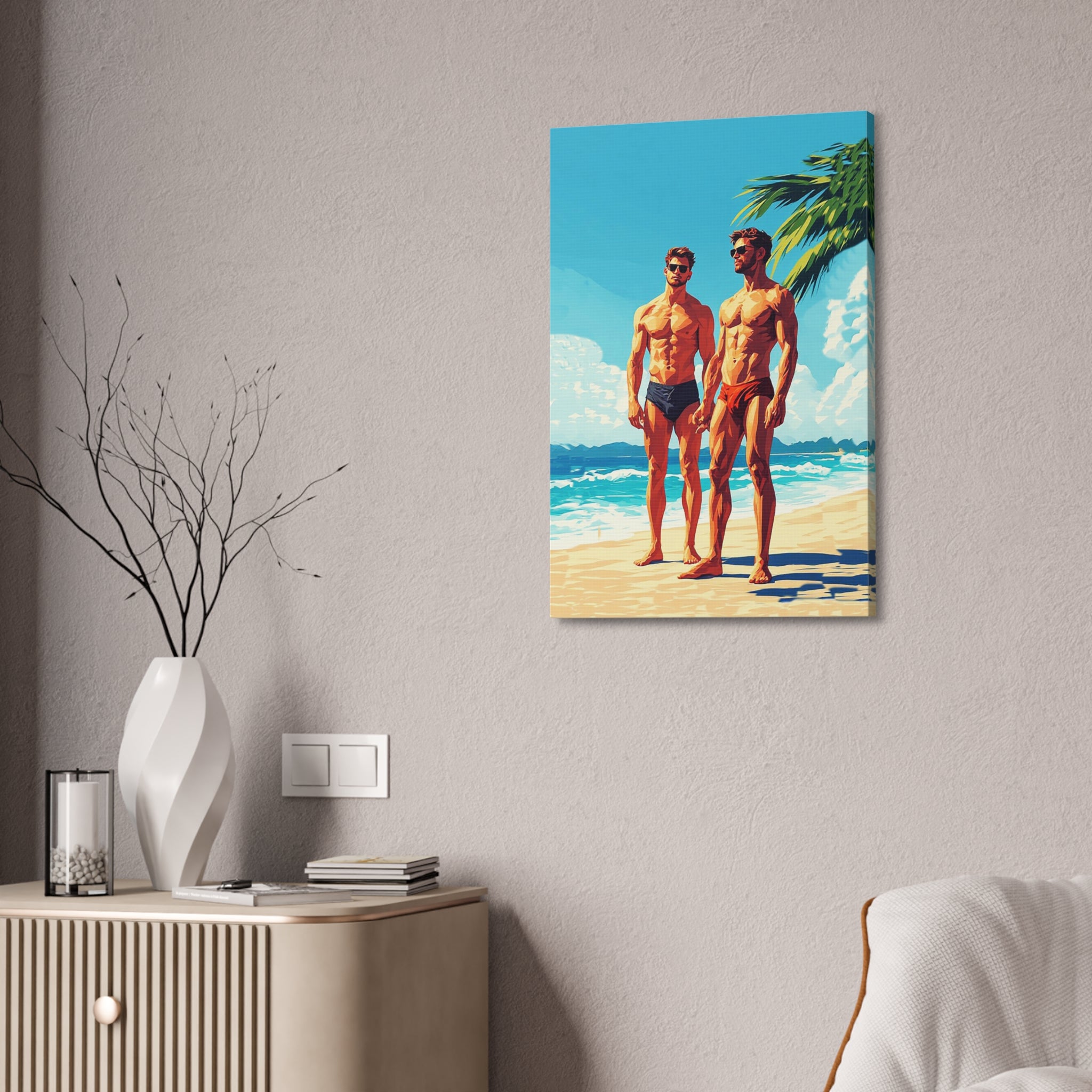 Beach Muscle Poster Canvas — Two Men Summer Swim Art (Stretched 1.5")