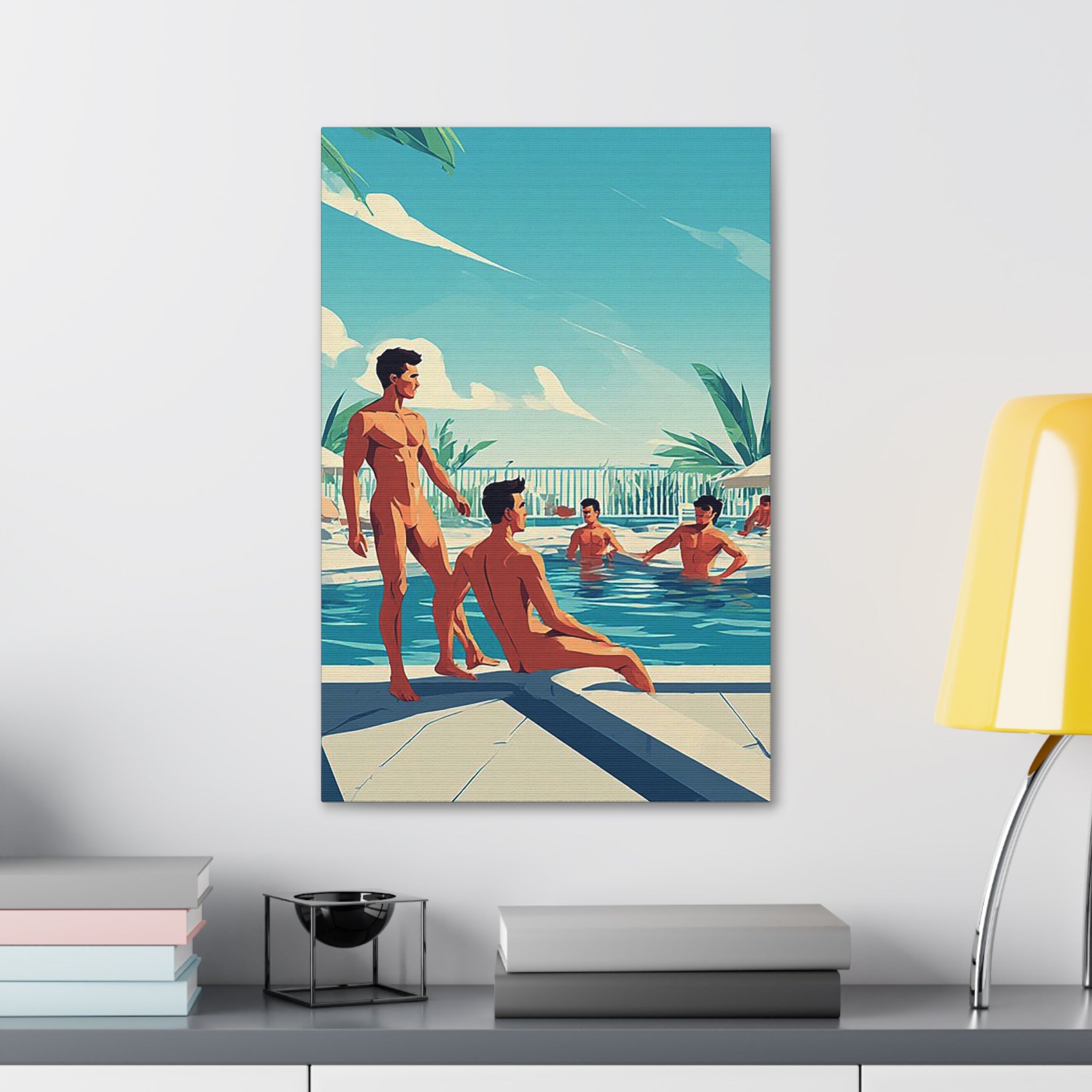 Poolside Vintage Art Canvas Print — Retro Men at Pool Wall Decor