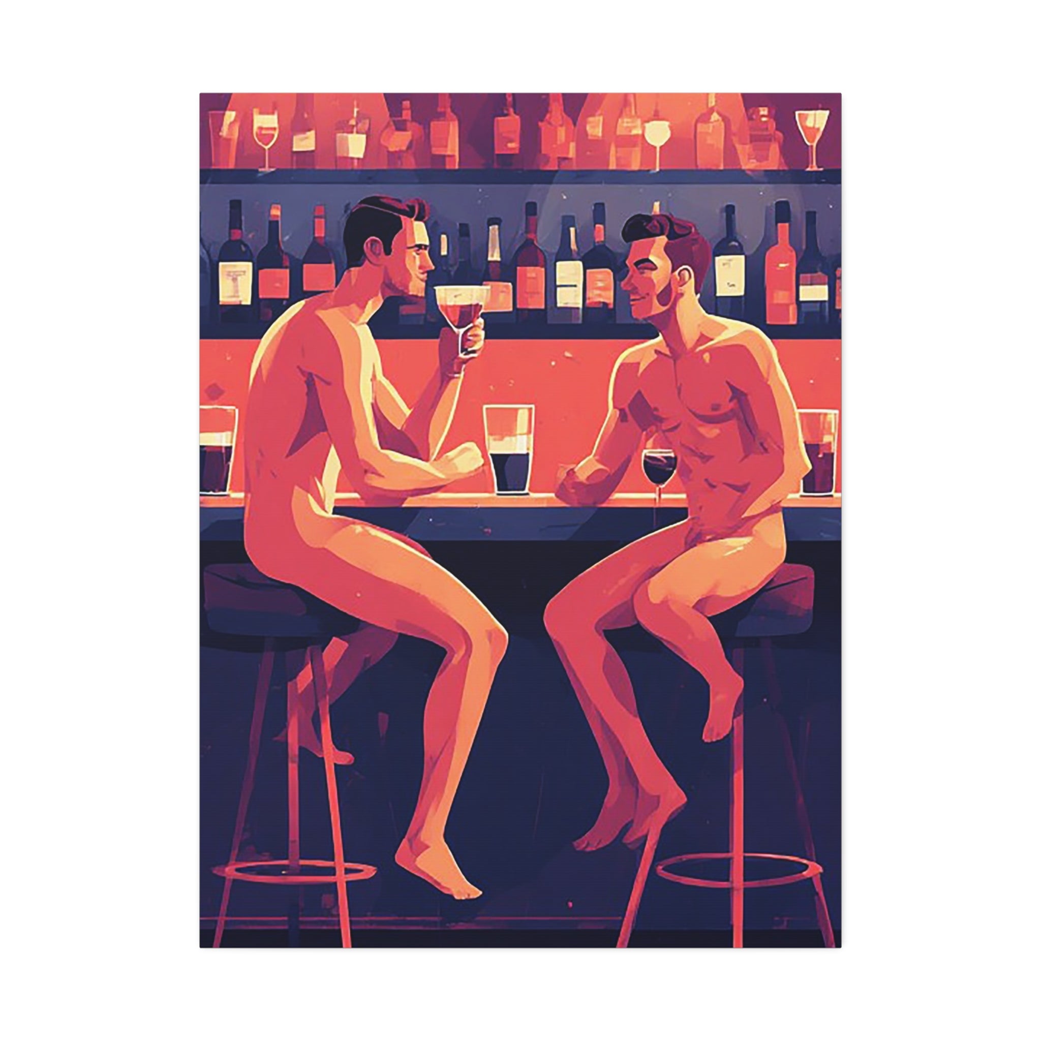 Canvas Print — Nude Men at Bar Illustration, Romantic Gay Art Decor
