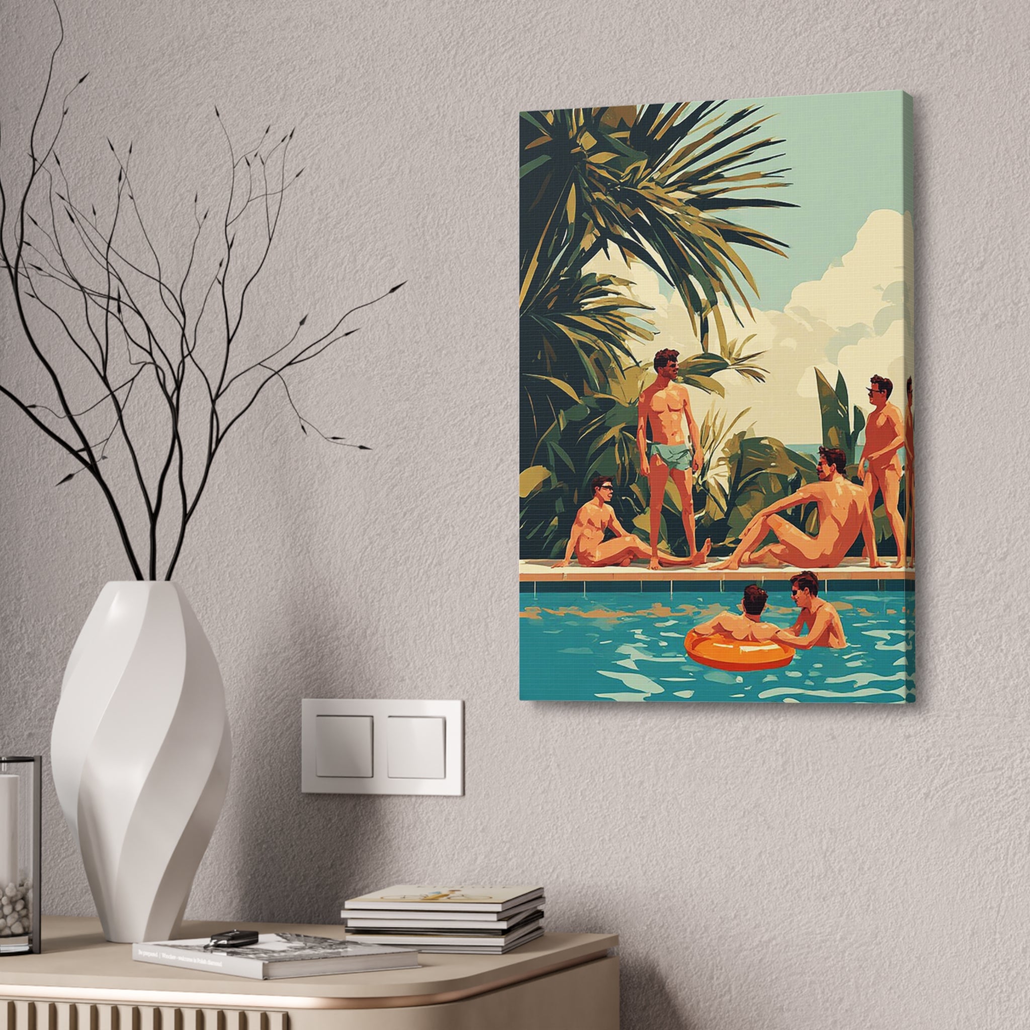Retro Poolside Canvas Wall Art — Vintage Summer Men by the Pool Stretched Canvas