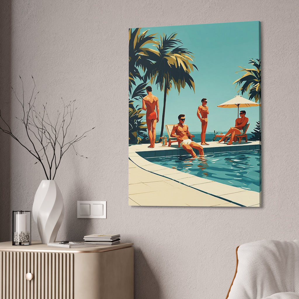 Vintage Poolside Canvas Wall Art — Retro Palm Trees & Sunbathers