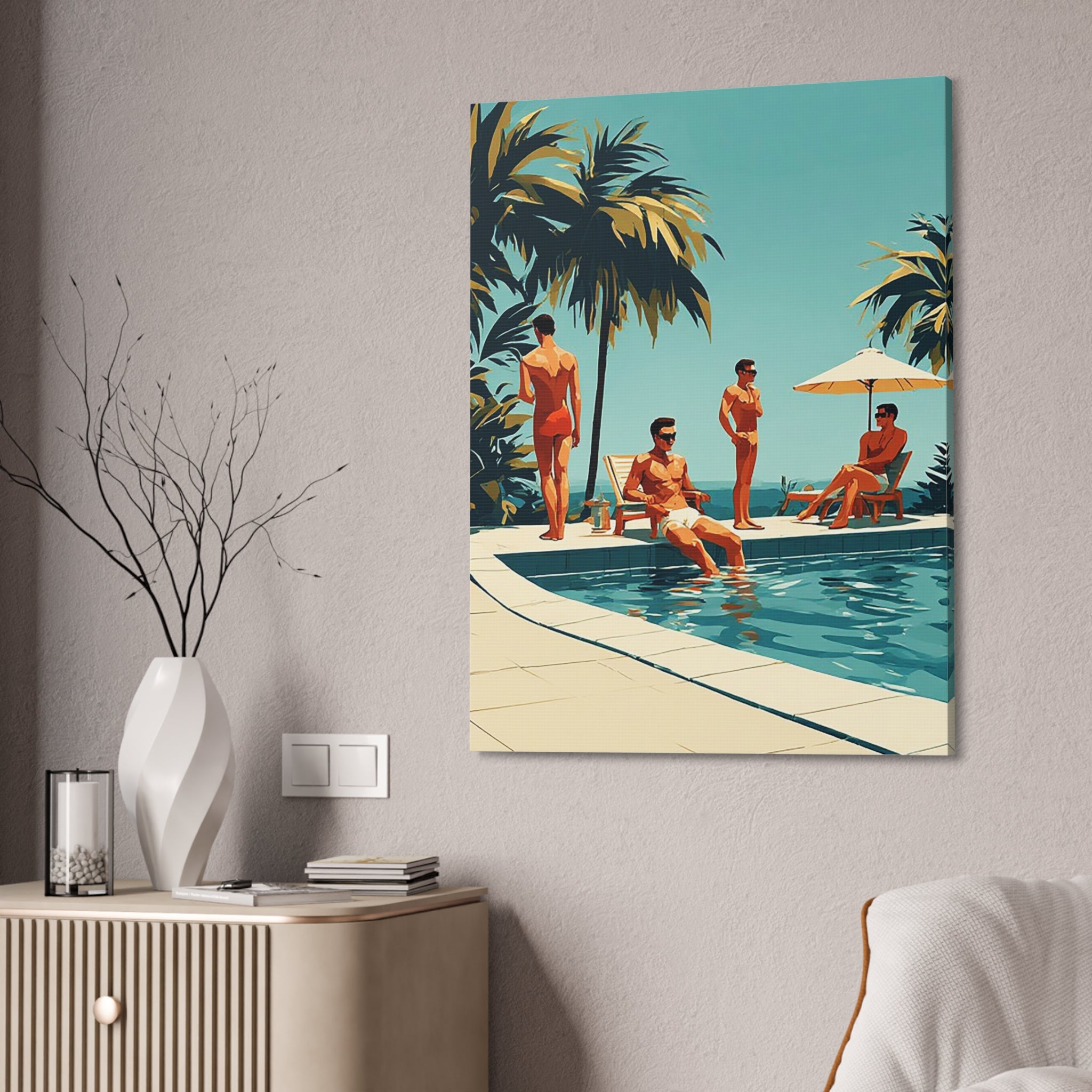 Vintage Poolside Canvas Wall Art — Retro Palm Trees & Sunbathers