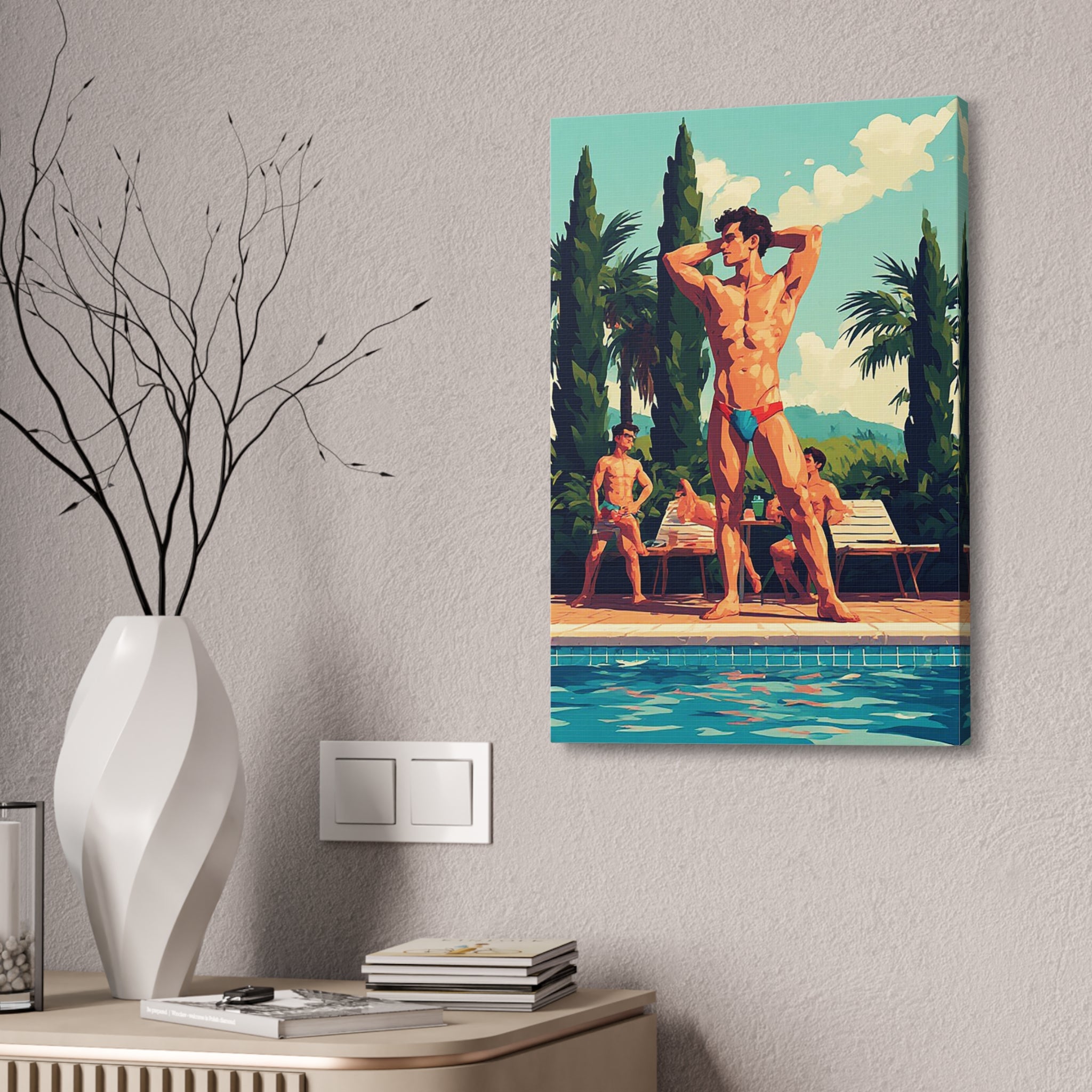 Poolside Men Canvas Print — Retro Tropical Swimsuit Wall Art