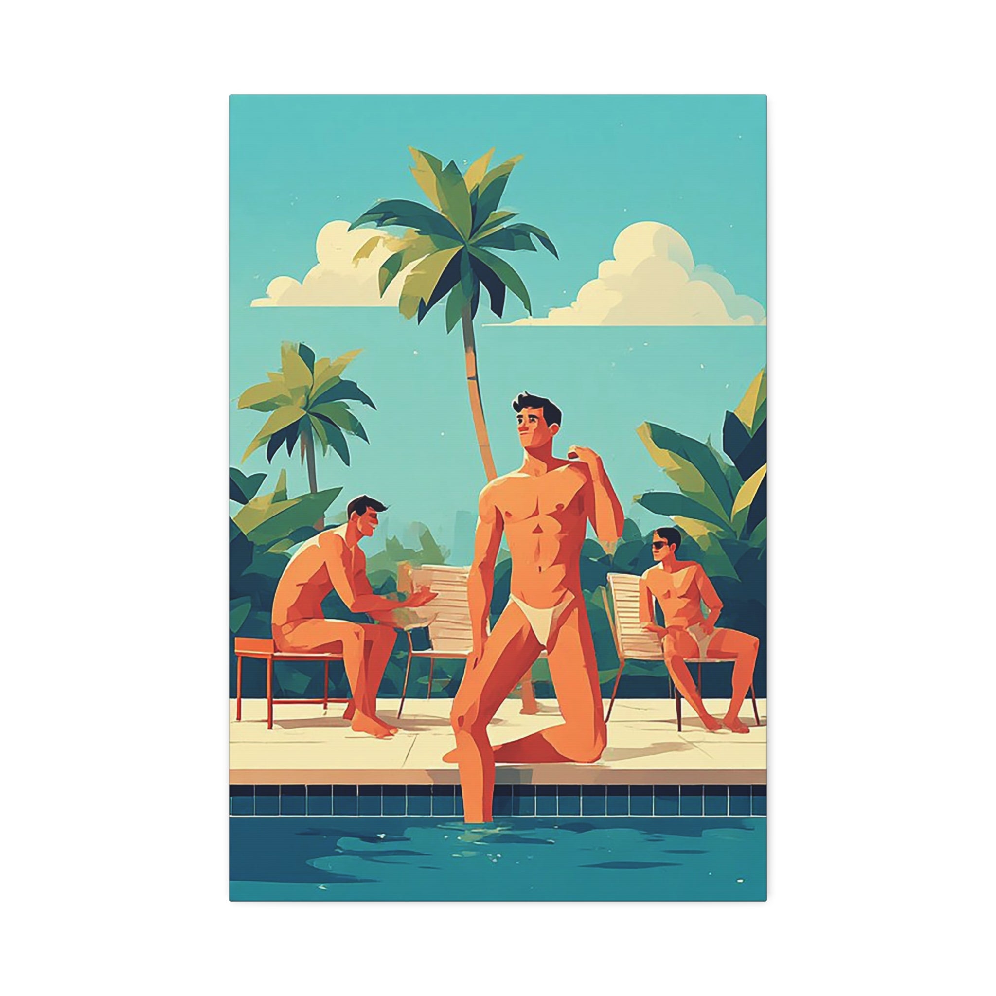 Tropical Poolside Canvas Print — Retro Men at Pool Art