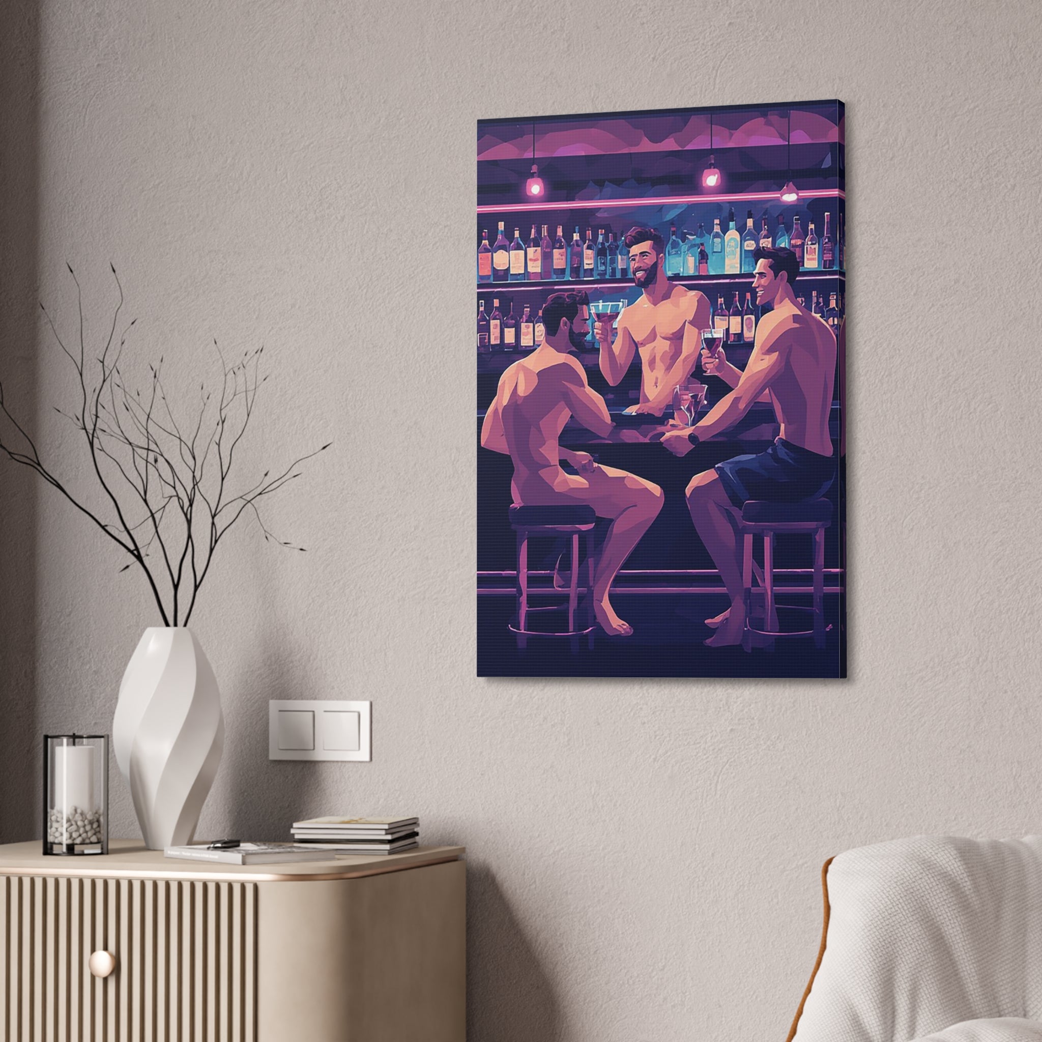 Naked Bartenders Canvas Print – Men at the Bar Stretched Wall Art
