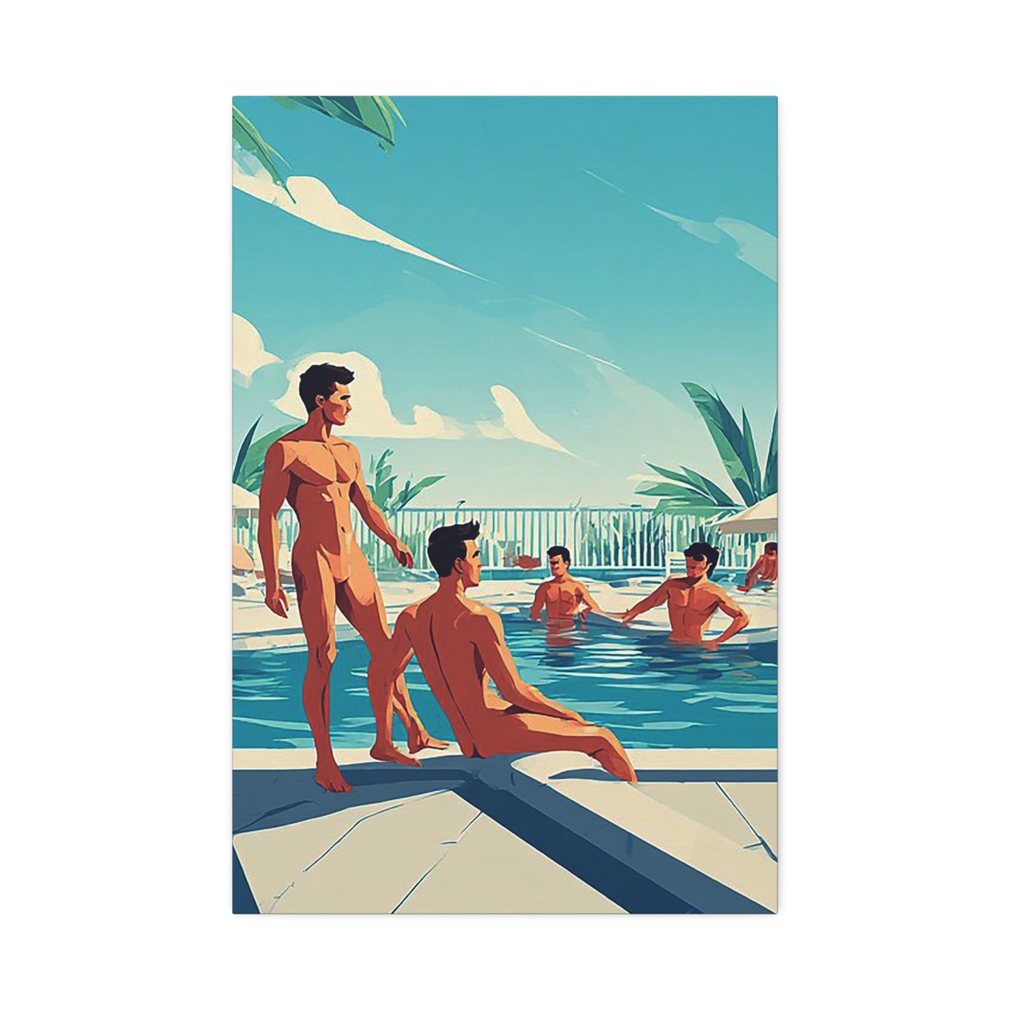 Poolside Vintage Art Canvas Print — Retro Men at Pool Wall Decor