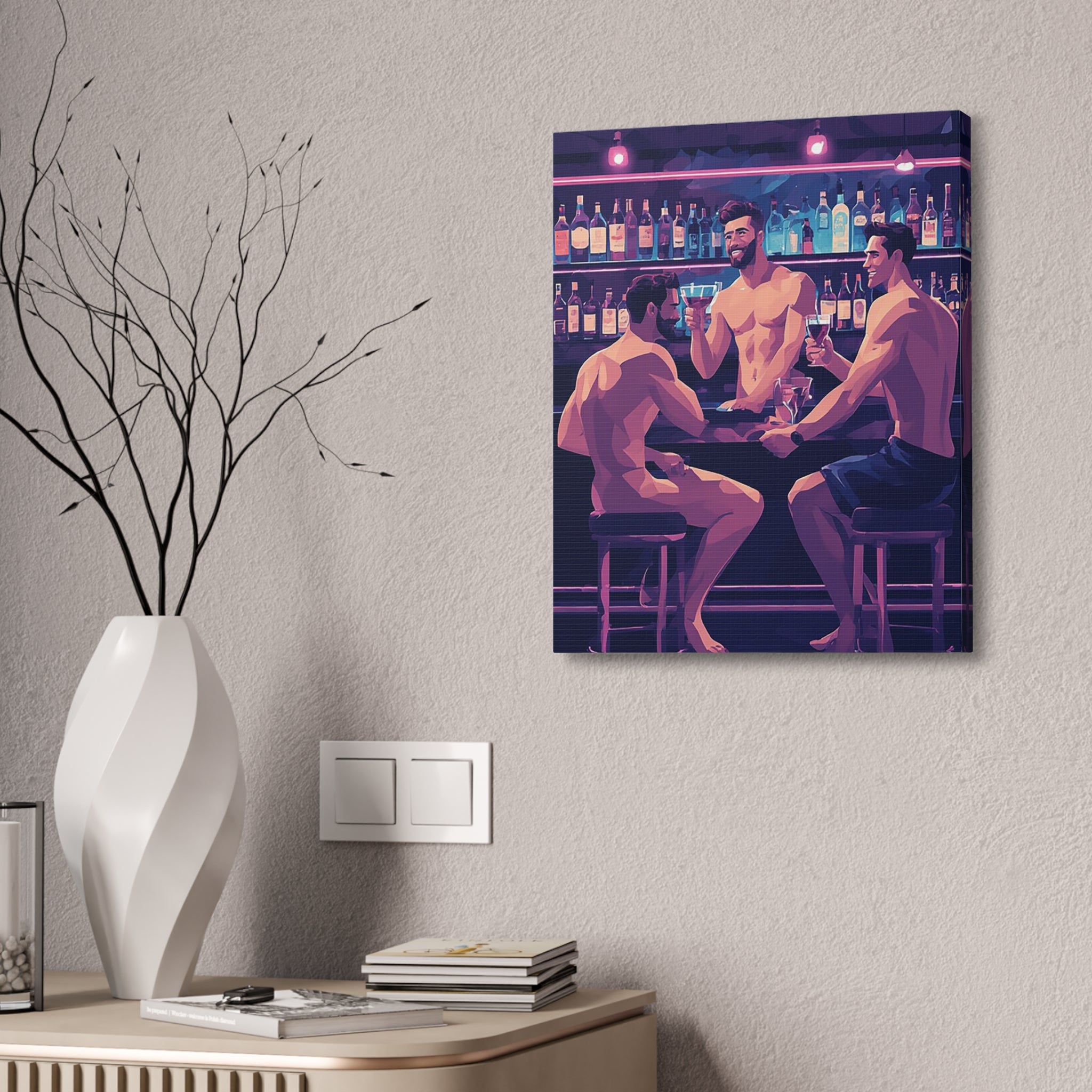 Naked Bartenders Canvas Print – Men at the Bar Stretched Wall Art