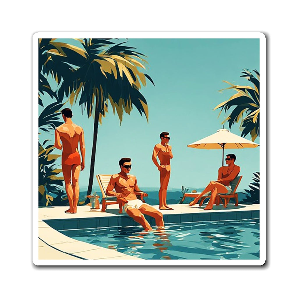 Retro Poolside Art Magnet — Vintage Sunlit Swimmers Refrigerator Magnet