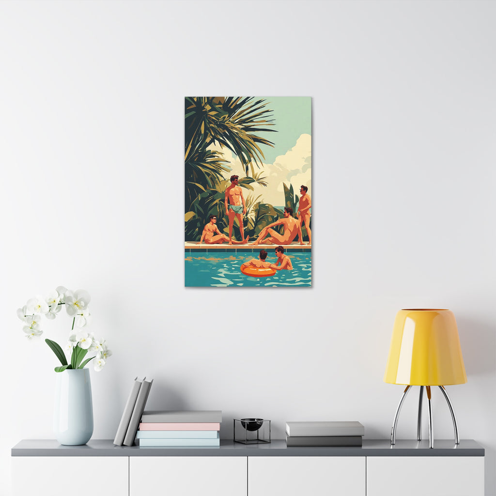 Retro Poolside Canvas Wall Art — Vintage Summer Men by the Pool Stretched Canvas