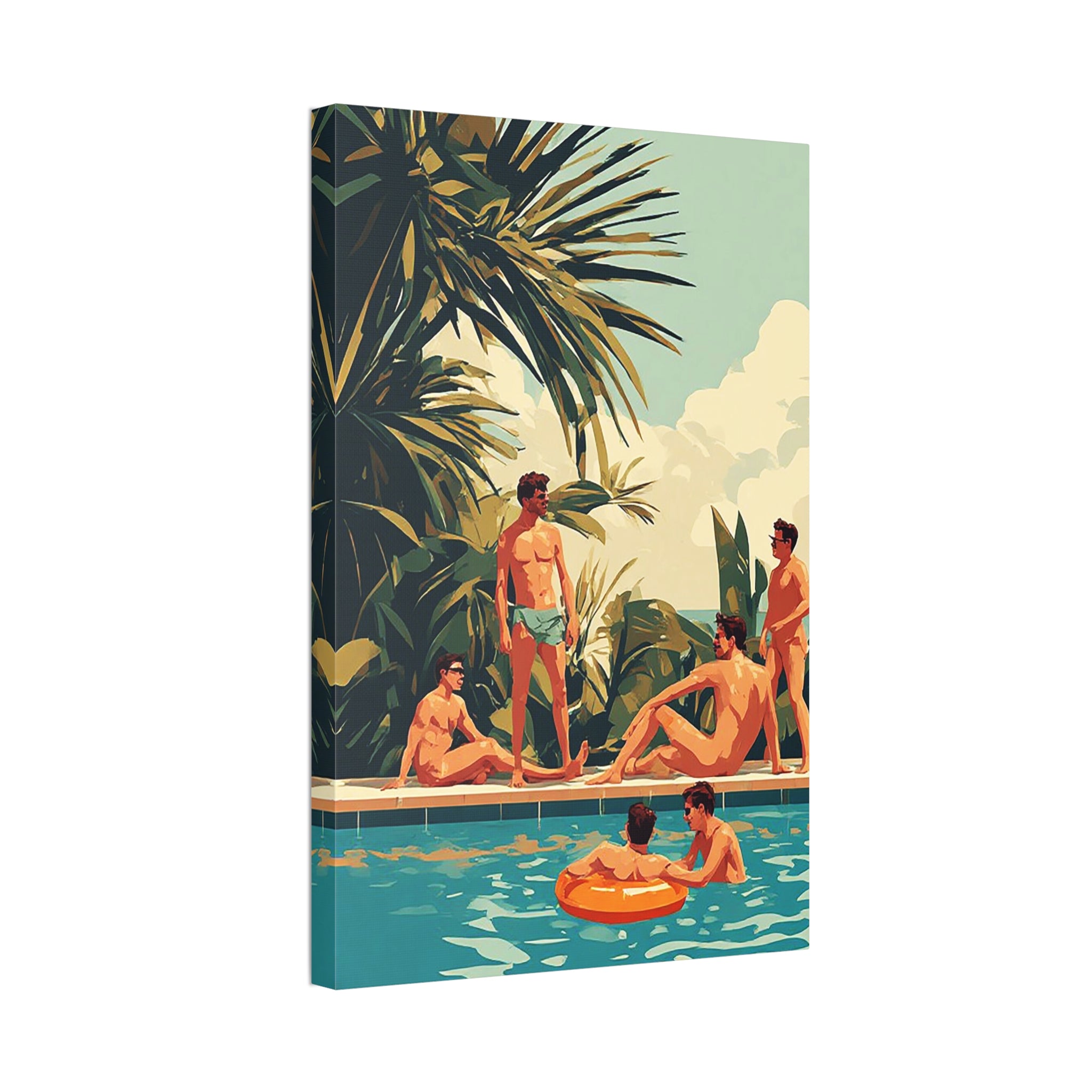 Retro Poolside Canvas Wall Art — Vintage Summer Men by the Pool Stretched Canvas