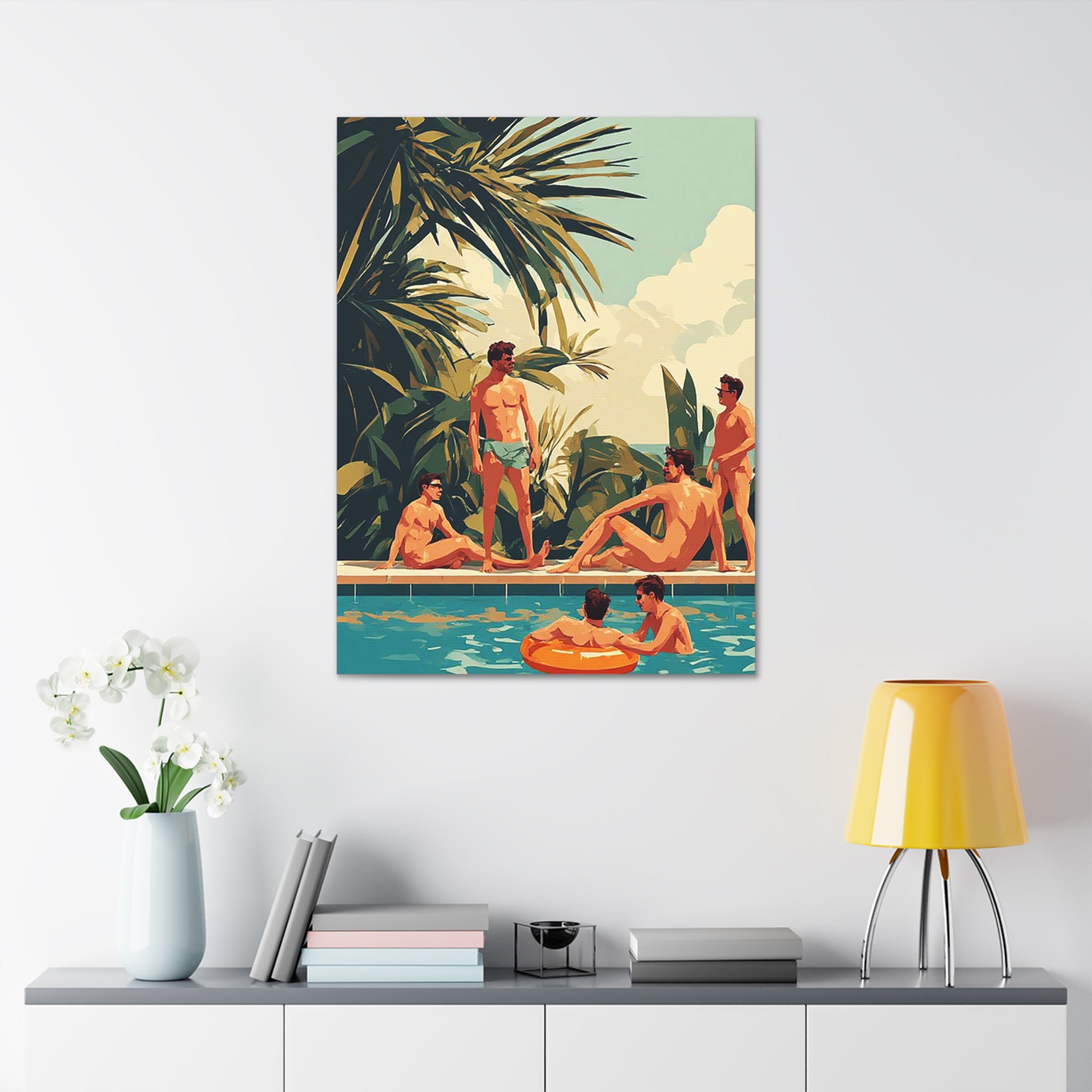 Retro Poolside Canvas Wall Art — Vintage Summer Men by the Pool Stretched Canvas