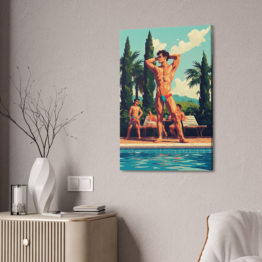 Poolside Men Canvas Print — Retro Tropical Swimsuit Wall Art