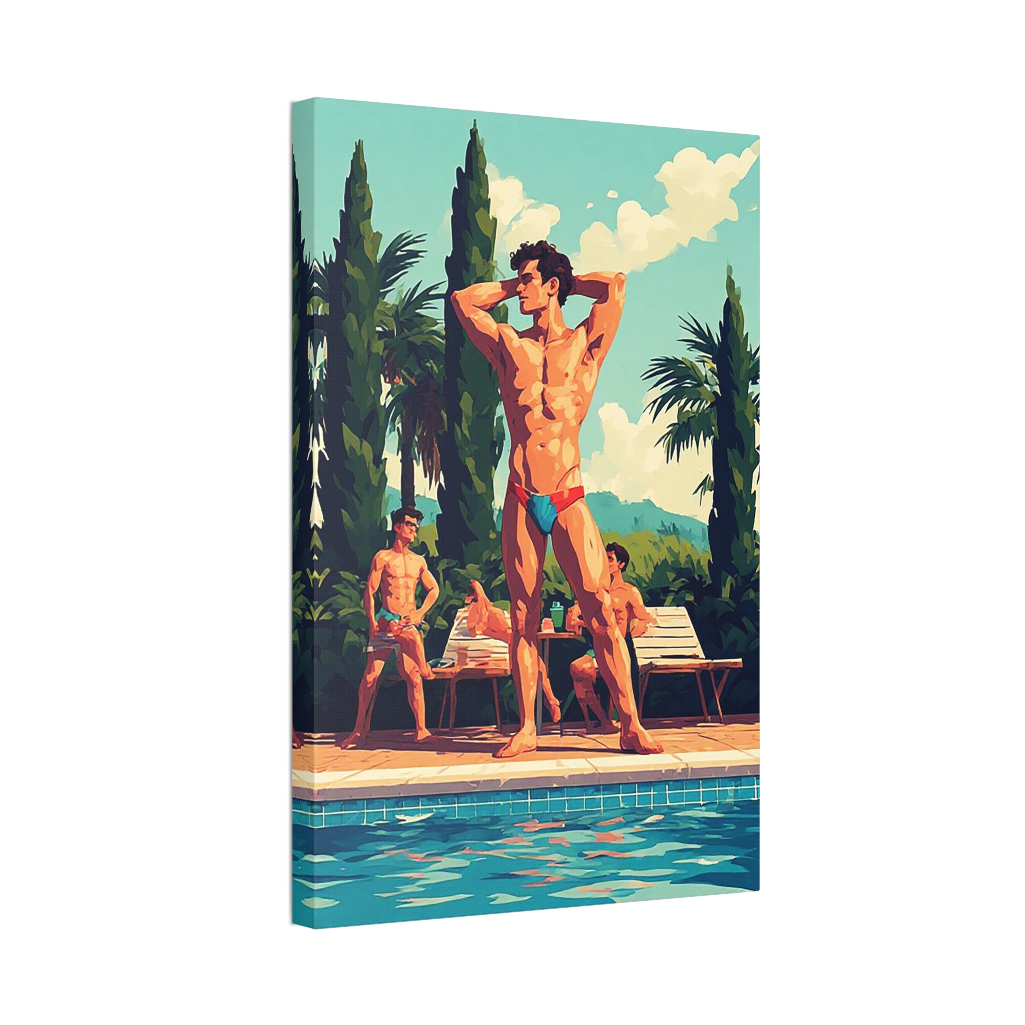 Poolside Men Canvas Print — Retro Tropical Swimsuit Wall Art