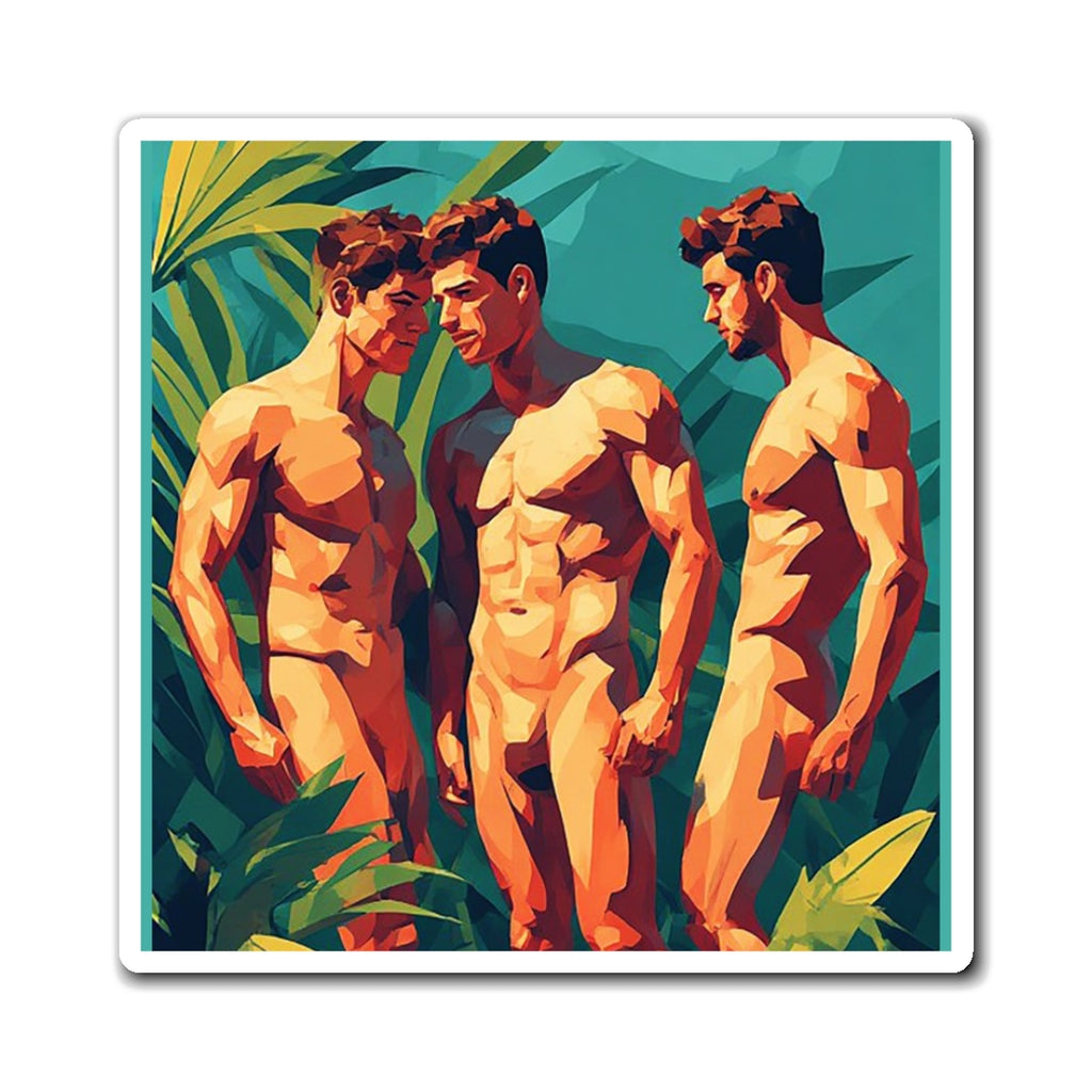 Men’s Art Print Magnet — Trio of Nude Figures Tropical Illustration