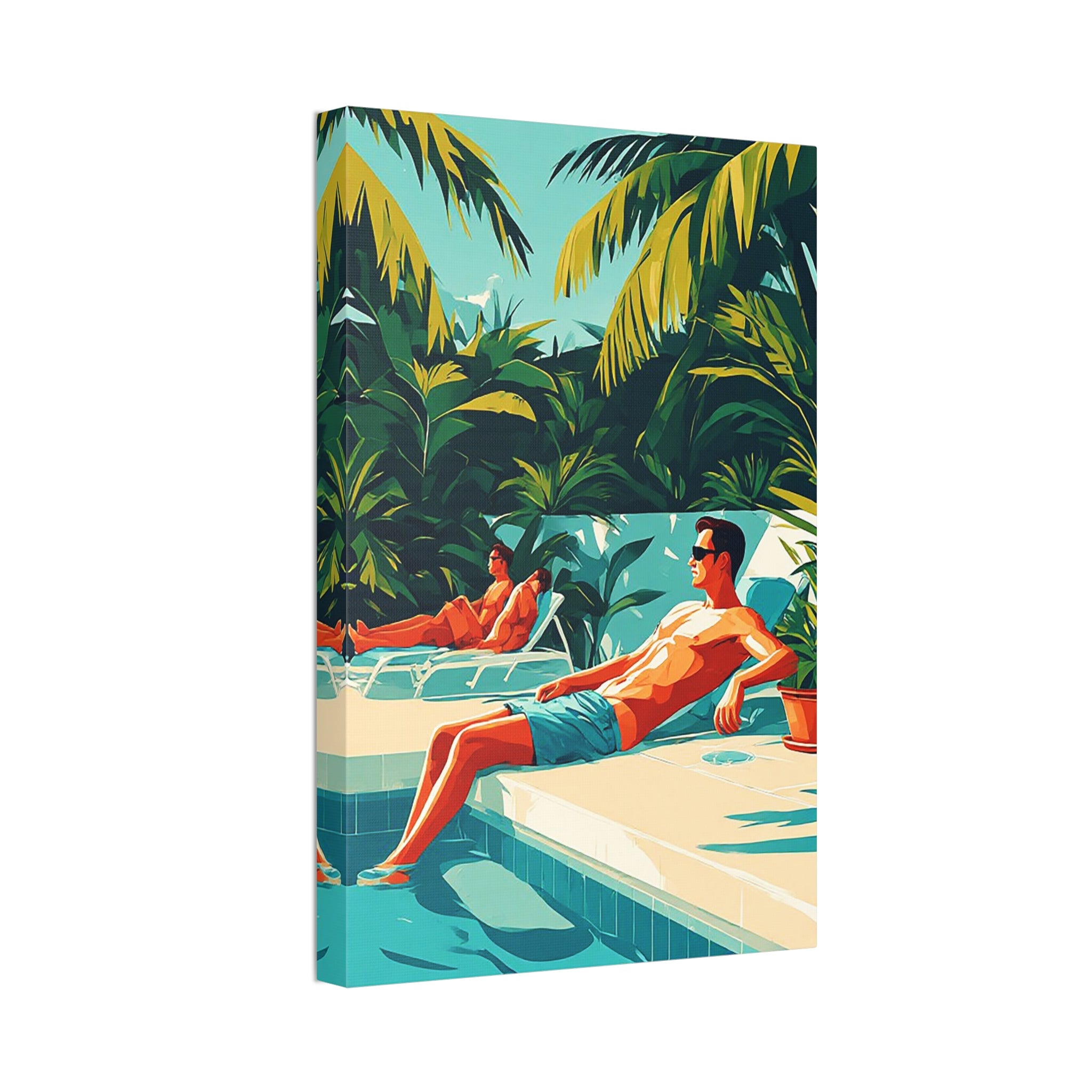 Tropical Poolside Canvas Art – Retro Sunbathers Wall Decor