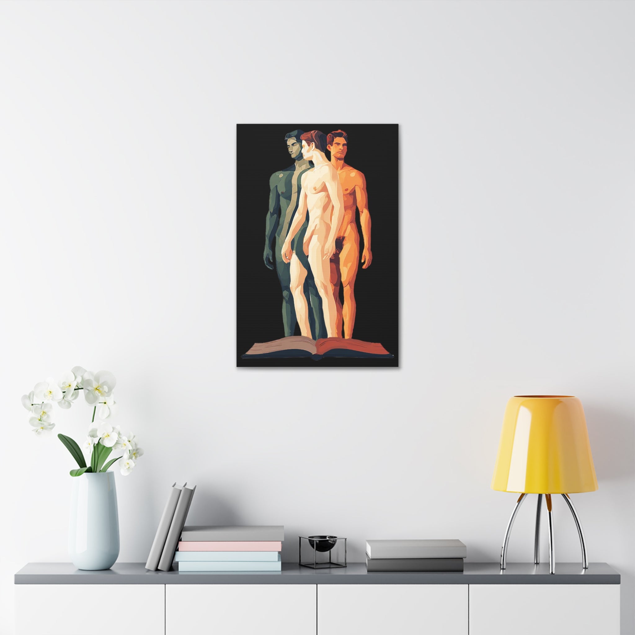 Figurative Triptych Canvas Art – Three Standing Men Over Open Book