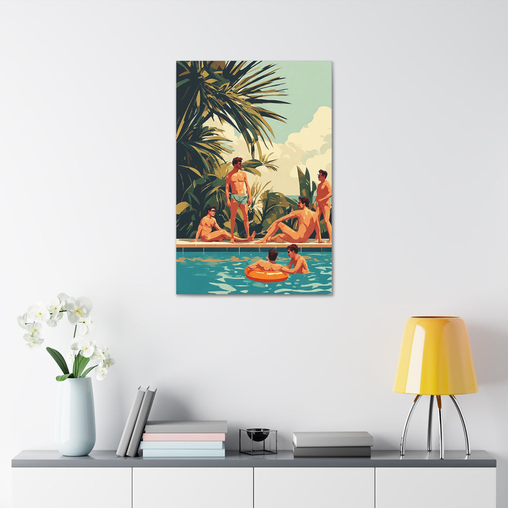 Retro Poolside Canvas Wall Art — Vintage Summer Men by the Pool Stretched Canvas