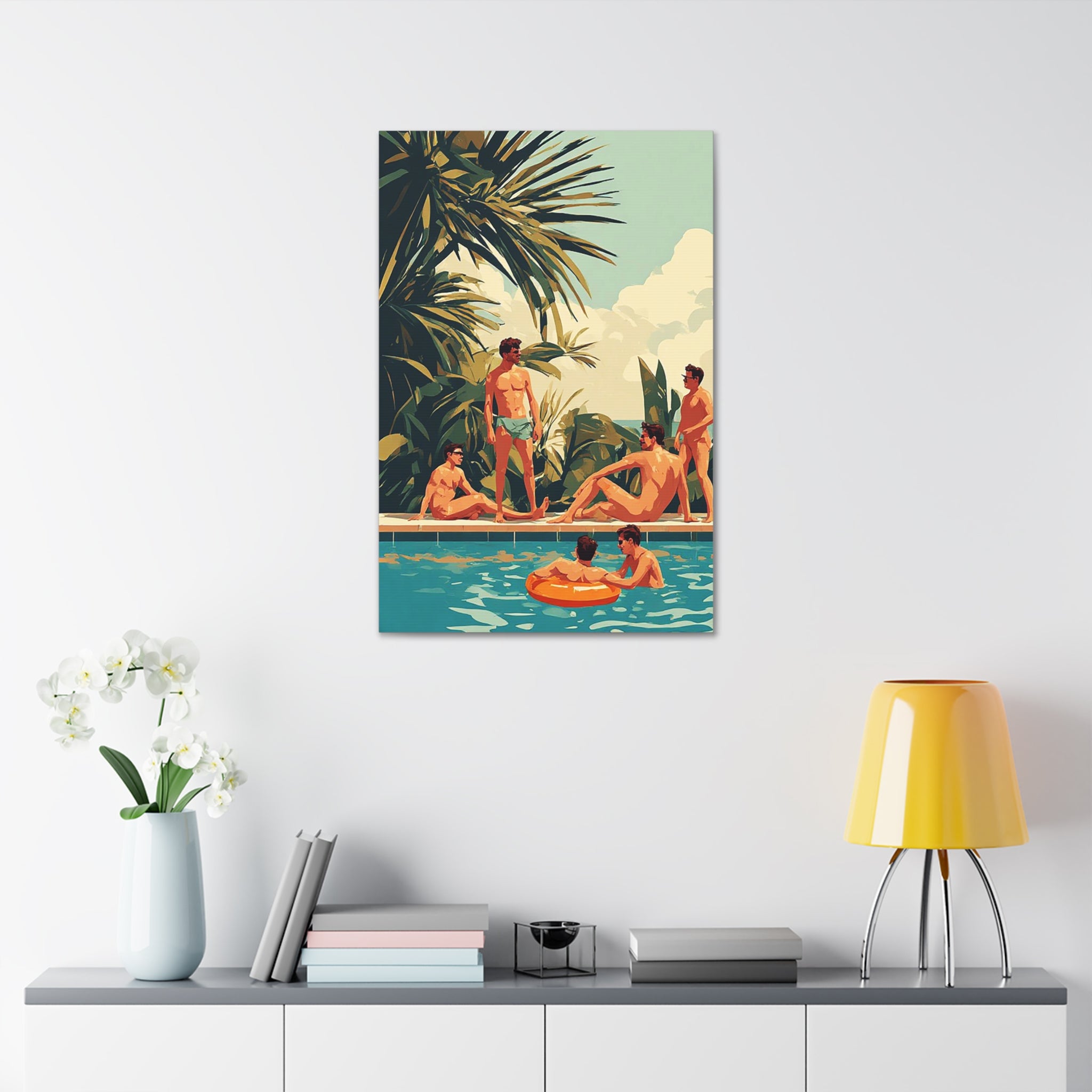 Retro Poolside Canvas Wall Art — Vintage Summer Men by the Pool Stretched Canvas